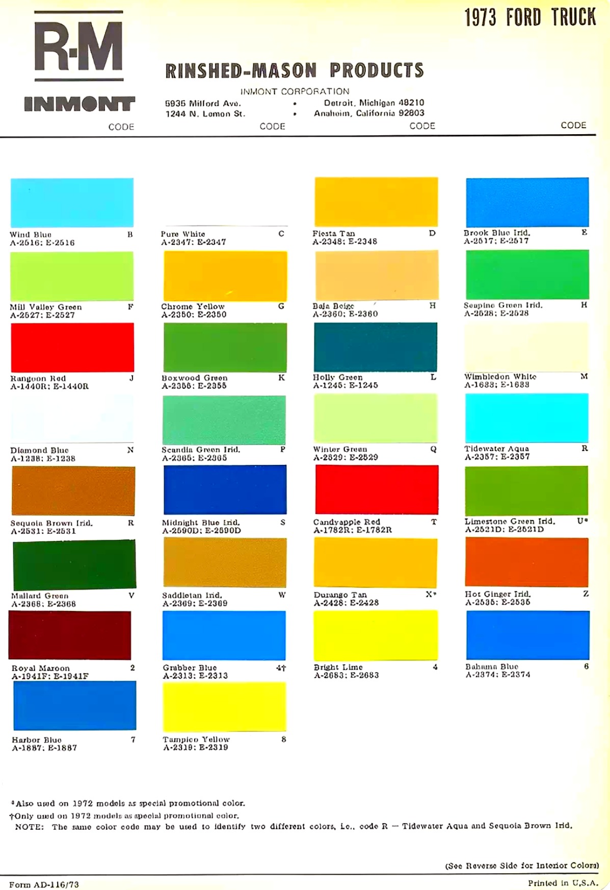 1973 Ford Trucks Paint Codes and Color Chart Paint swatch examples, paint codes, mixing stock numbers for 1973 Ford Motor Company automobiles