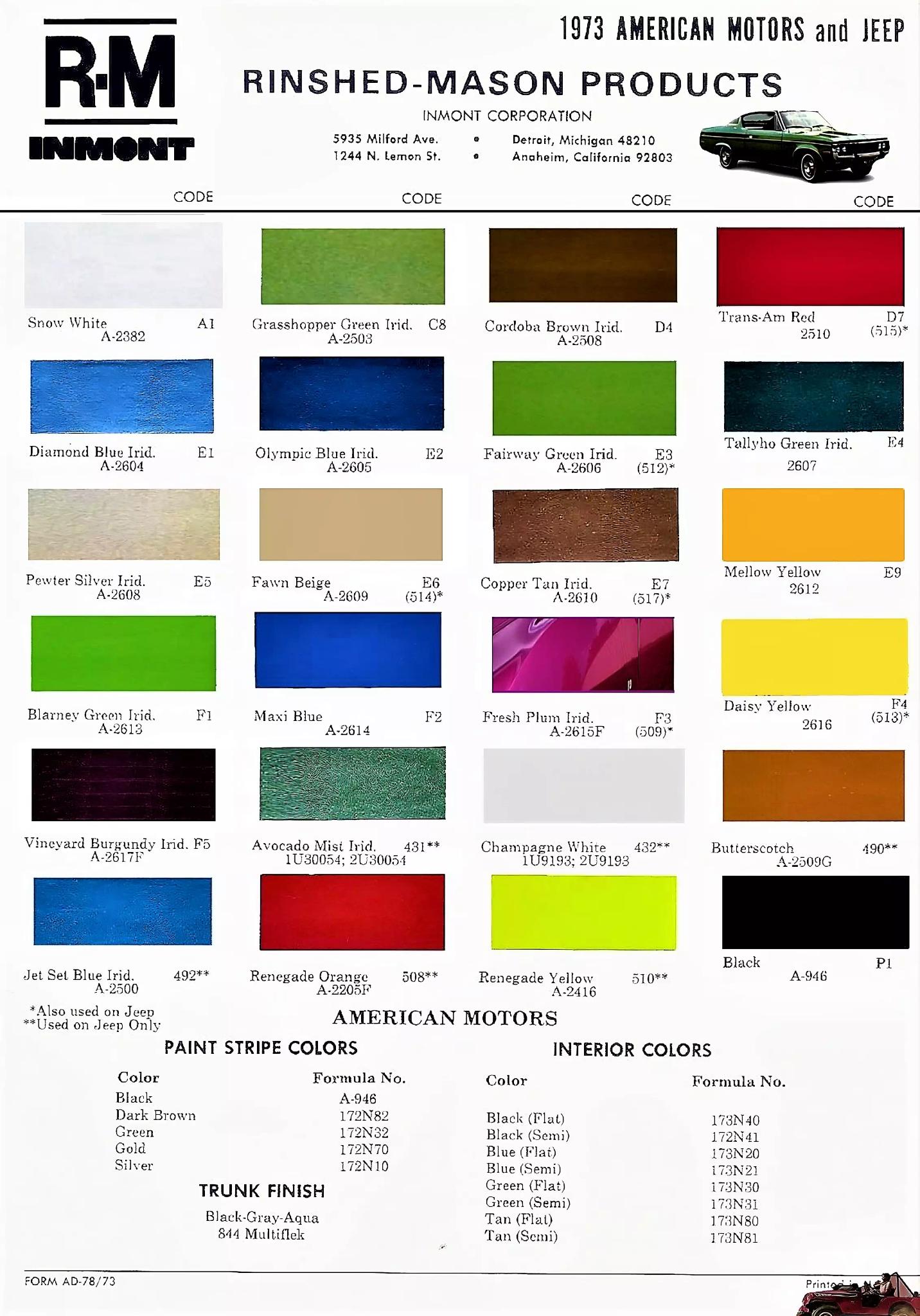 1973 American Motors (AMC) & Jeep Vehicles Paint Codes and Color Chart Paint Codes, Color Swatches, Mixing stock numbers for all AMC and Jeep Vehicles used in 1973