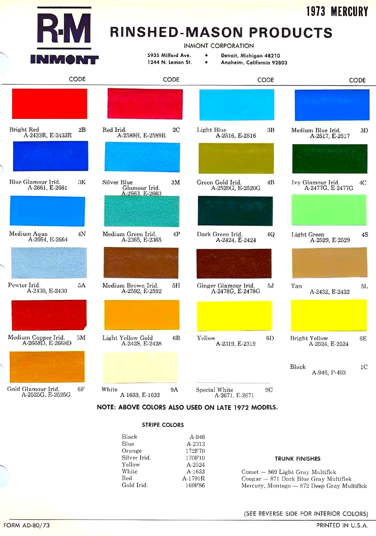 1973 Mercury Paint Codes and Color Chart Paint swatch examples, paint codes, mixing stock numbers for 1973 Ford Motor Company automobiles