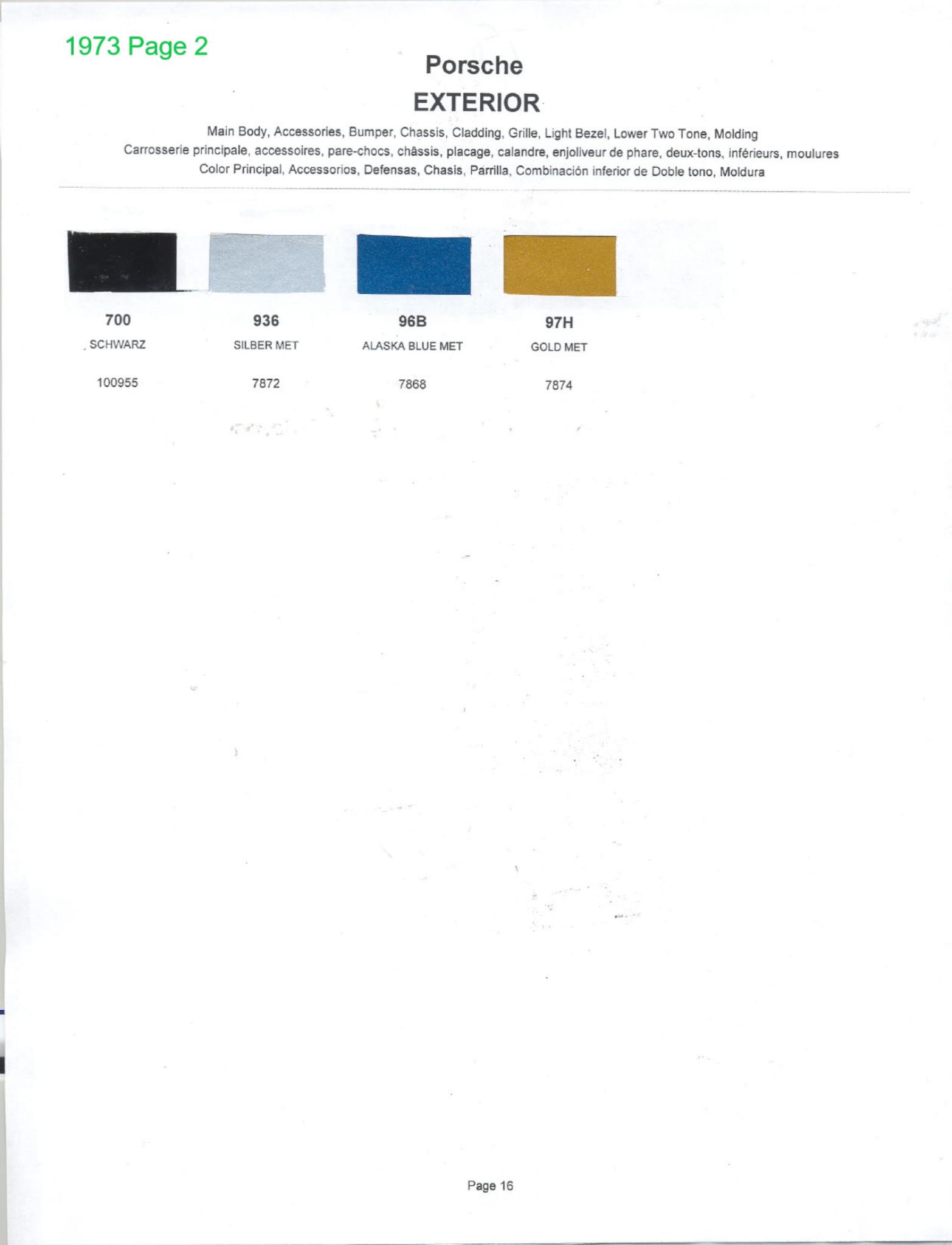 1973 Porsche Paint Chart and Color Chart