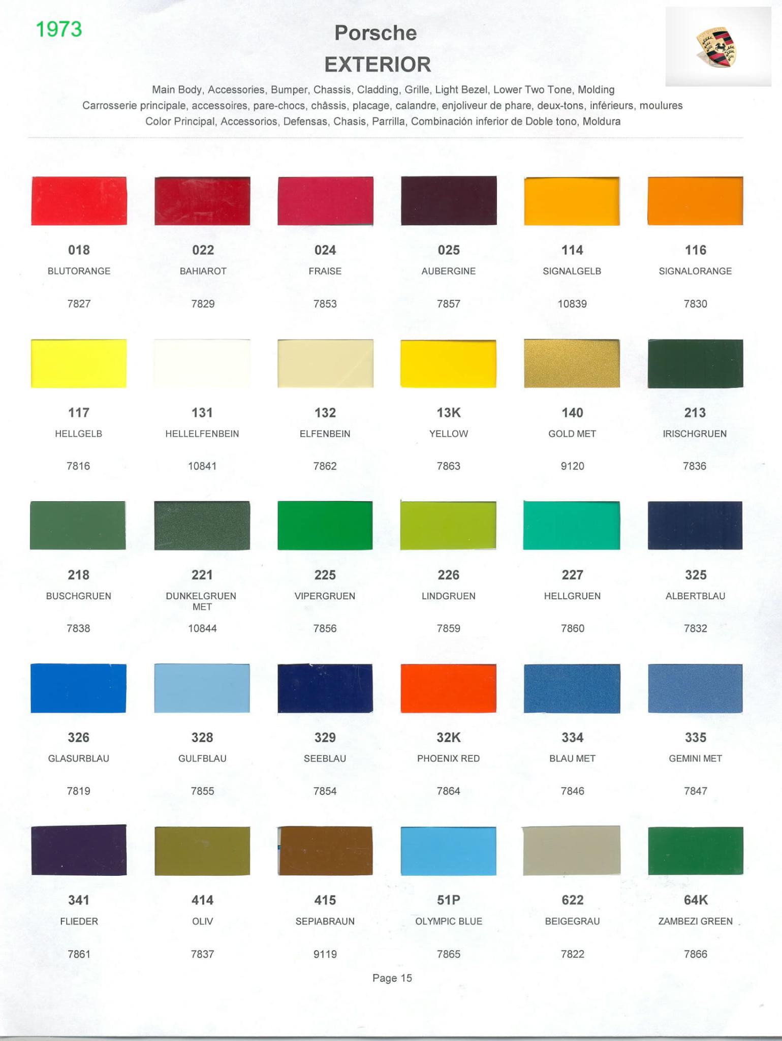 1973 Porsche Paint Chart and Color Chart
