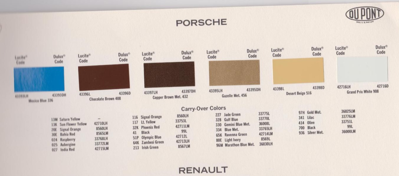Color Codes for Porshe Vehicles used in 1974 Porsche Exterior Paint Codes and Color Chart