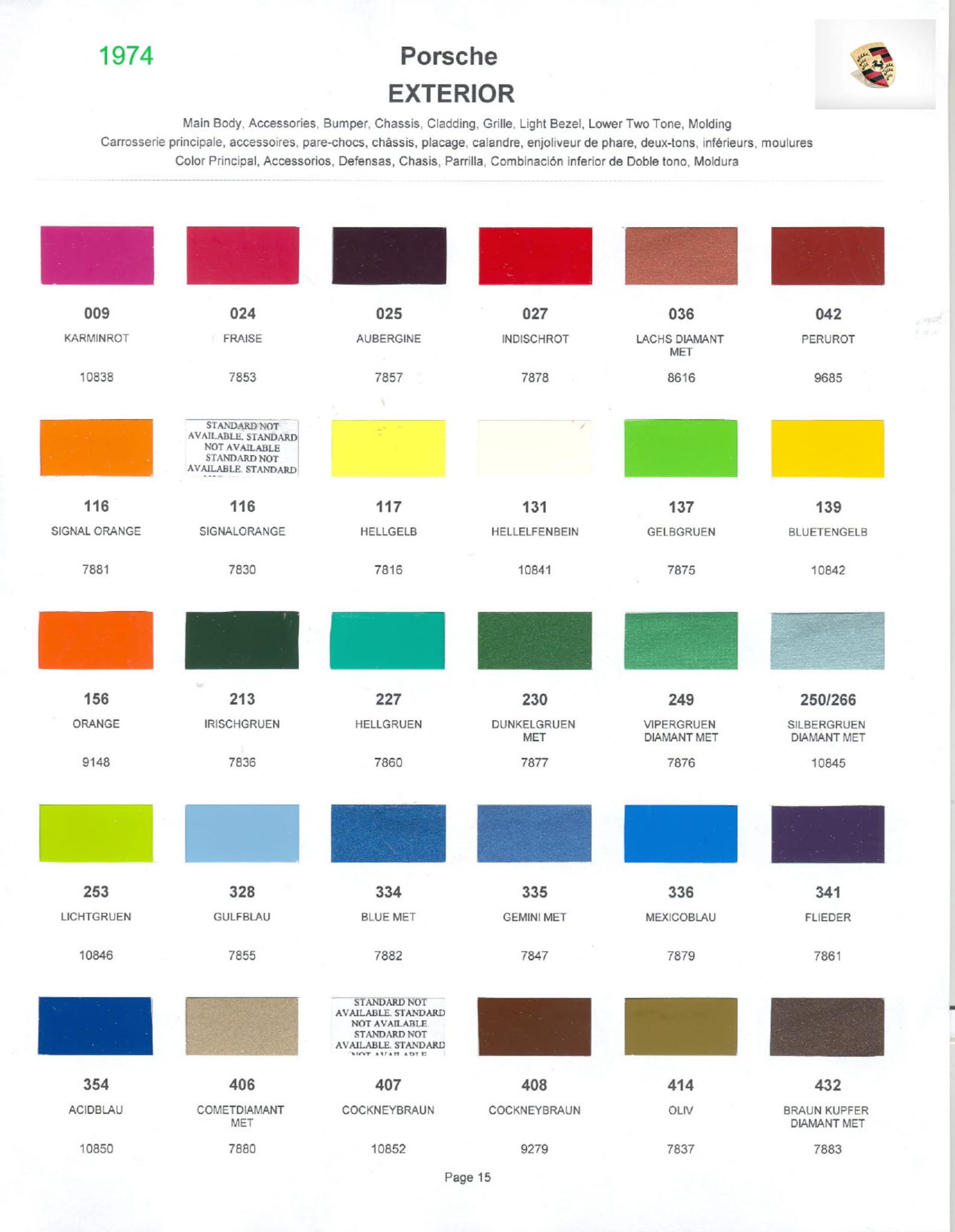 1974 Porsche Paint Chart and Color Chart