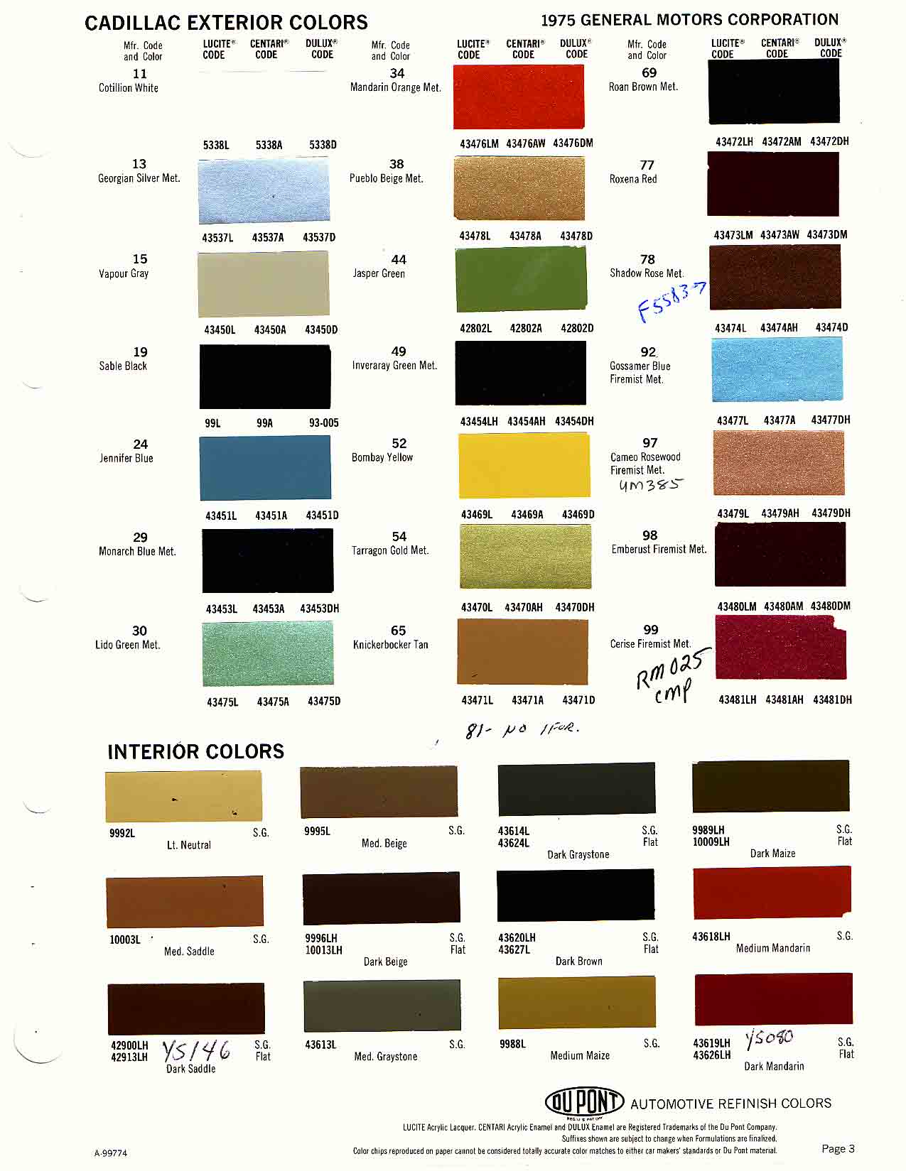 1975 Cadillac Paint Color Code Chart Cadillac Paint Paint Color Example Charts, Descriptions