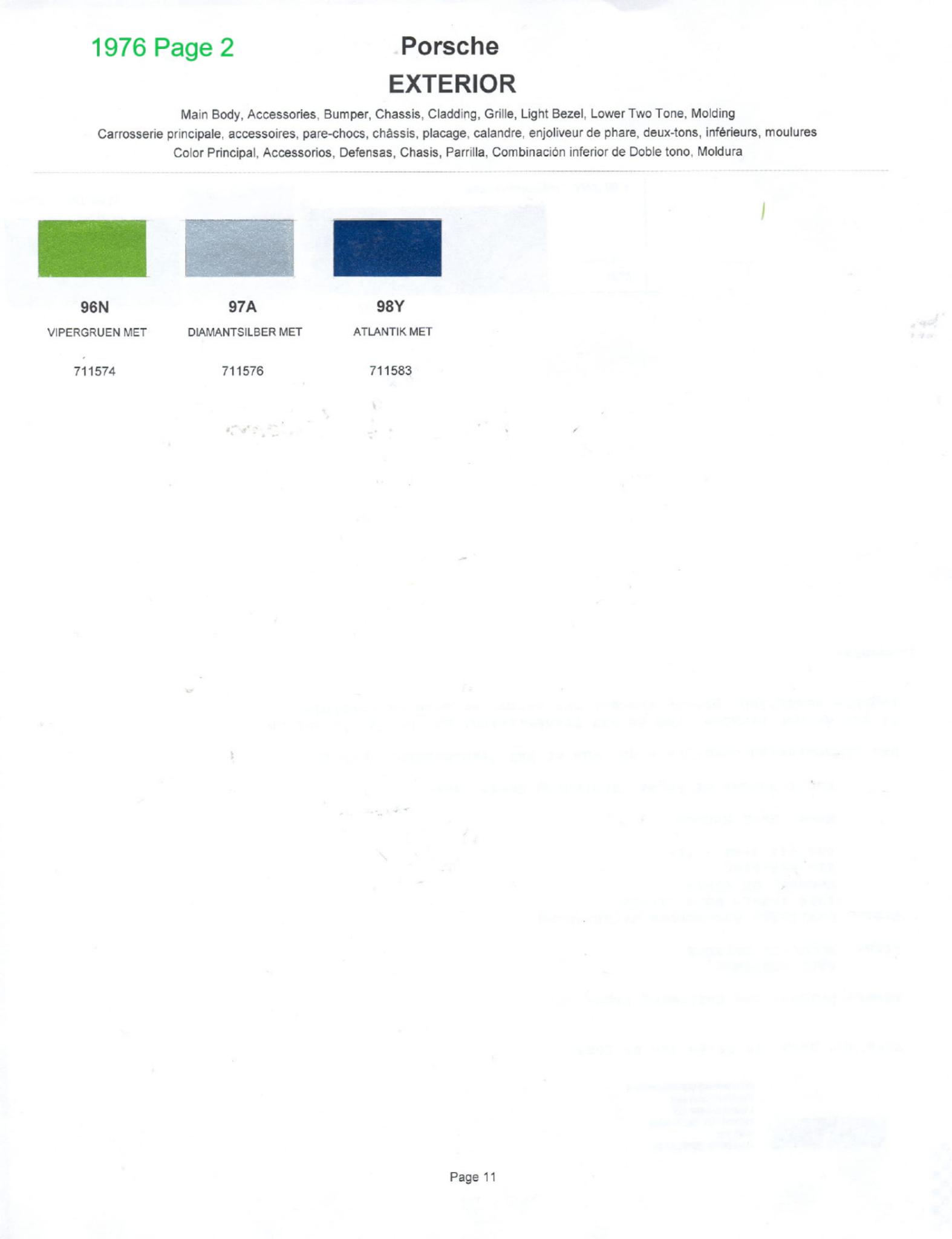 1976 Porsche Paint Chart and Color Chart Exterior Colors and Paint Codes for Porsche Vehicles