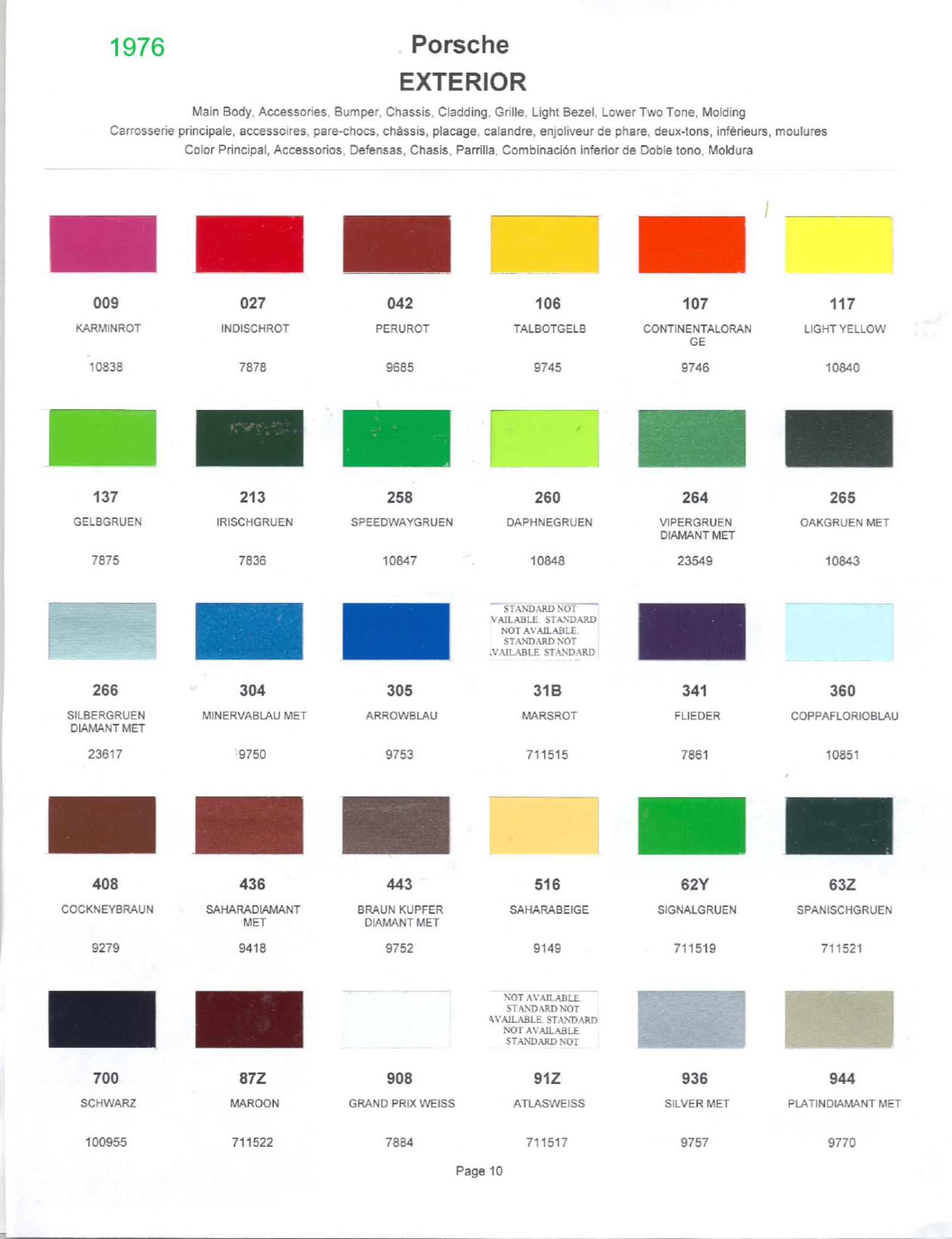 1976 Porsche Paint Chart and Color Chart Exterior Colors and Paint Codes for Porsche Vehicles