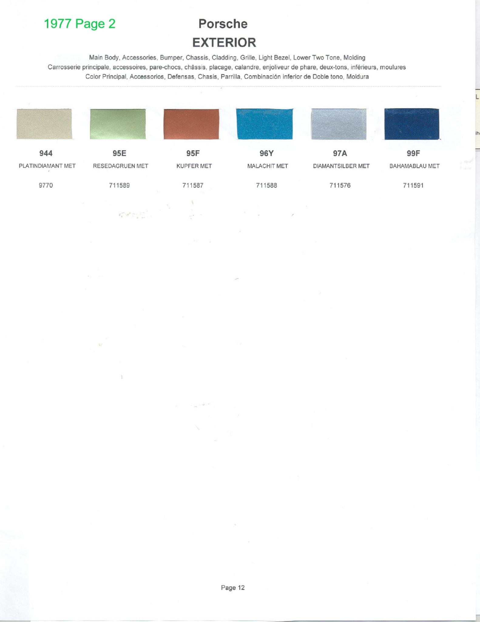1977 Porsche Paint Chart and Color Chart Exterior Colors and Paint Codes for Porsche Vehicles