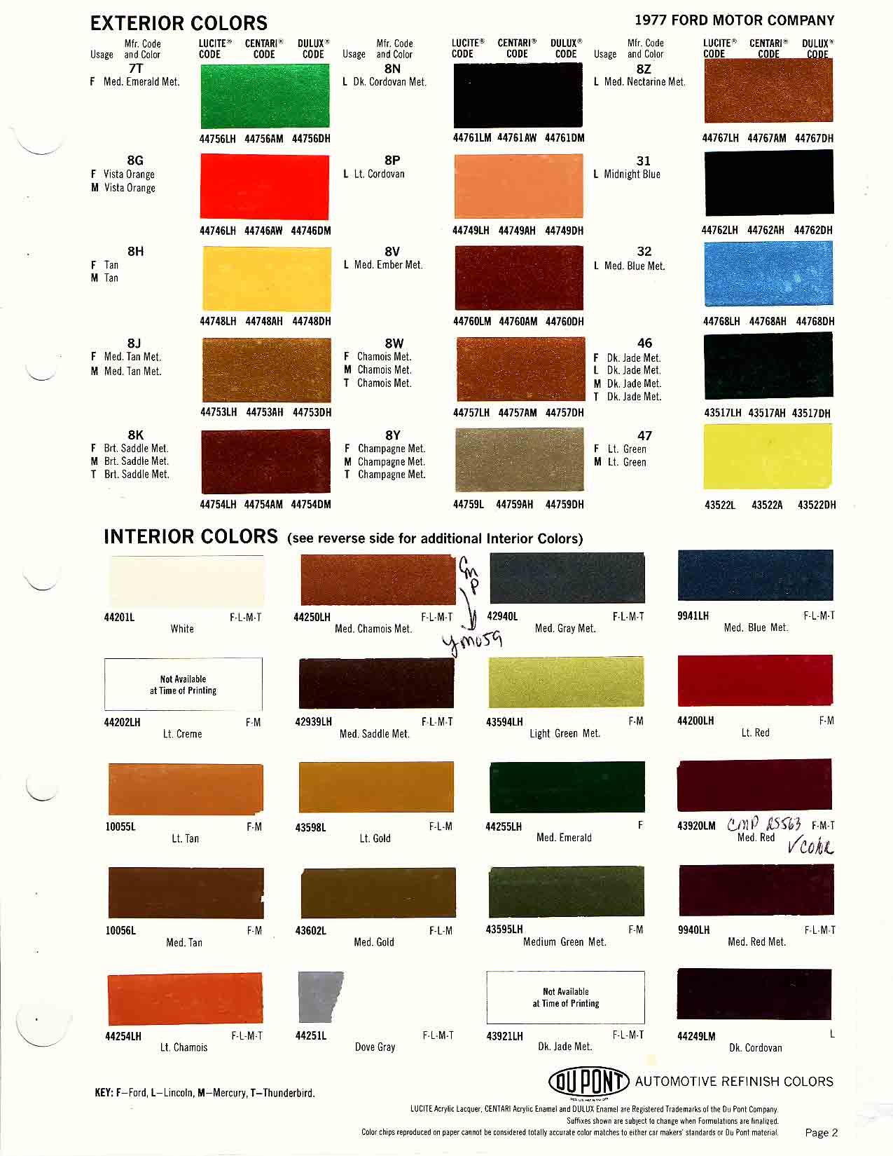 1977 Ford Paint Codes & Color Chart Ford Motor Vehicle Color Code Chart/Page Paint