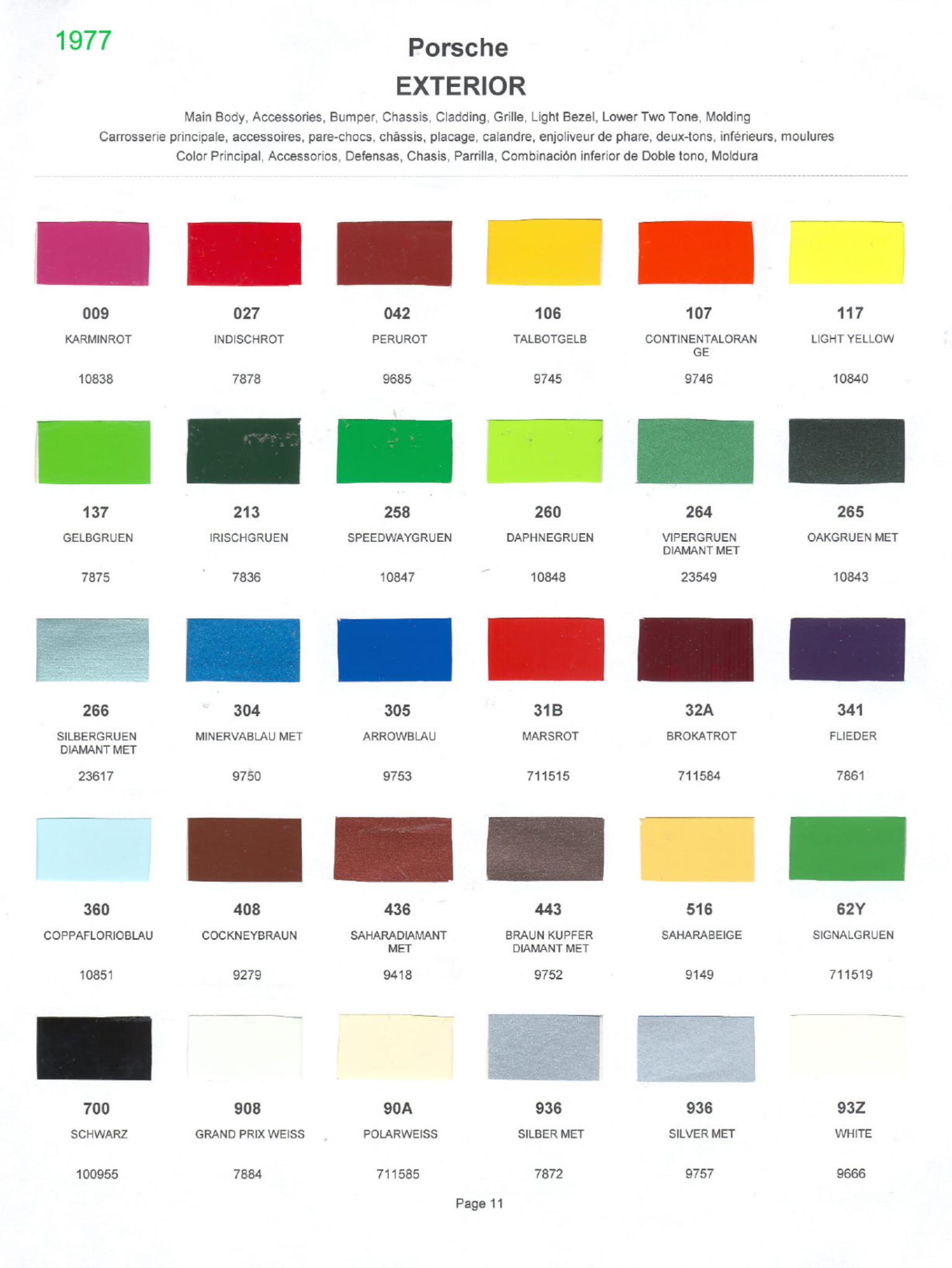 1977 Porsche Paint Chart and Color Chart Exterior Colors and Paint Codes for Porsche Vehicles