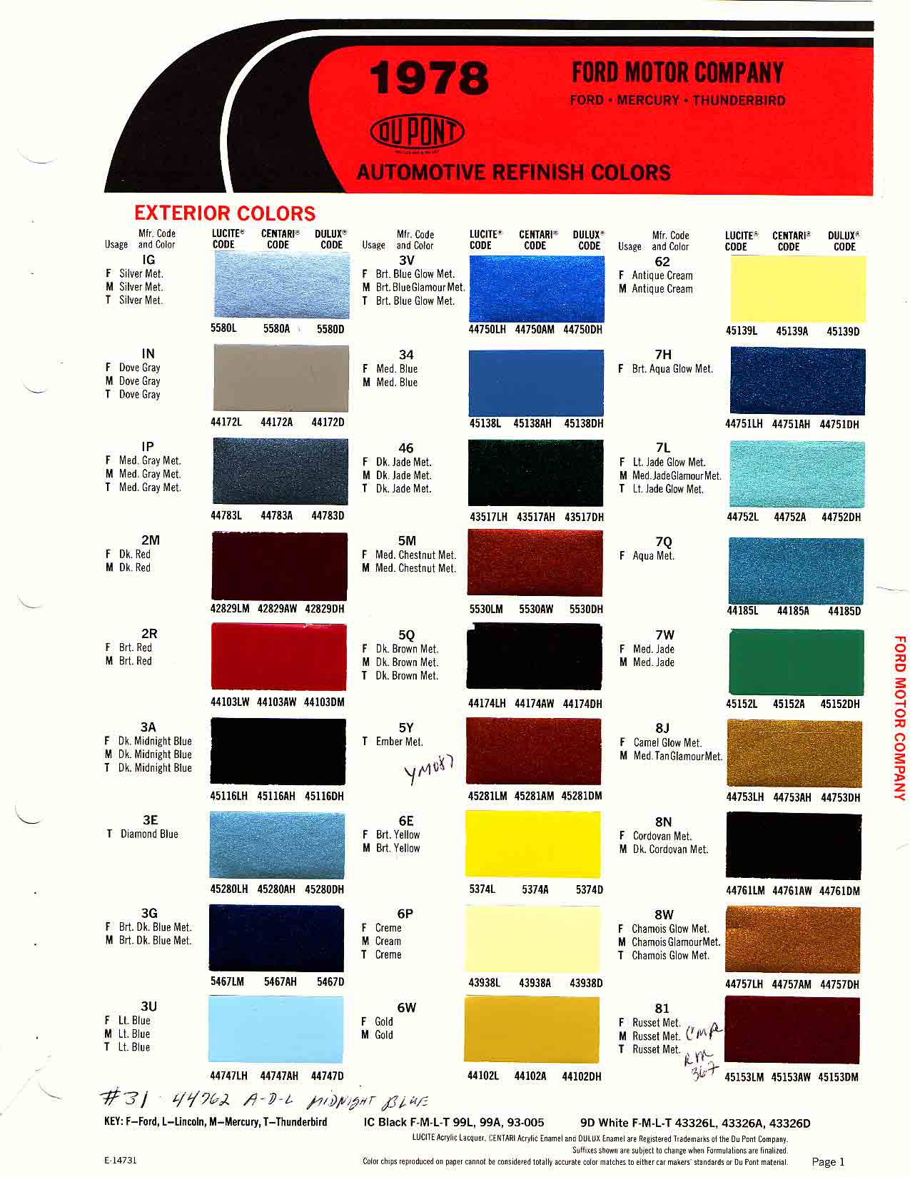 1978 Ford Paint Codes & Color Chart Ford Motor Vehicle Color Code Chart/Page Paint