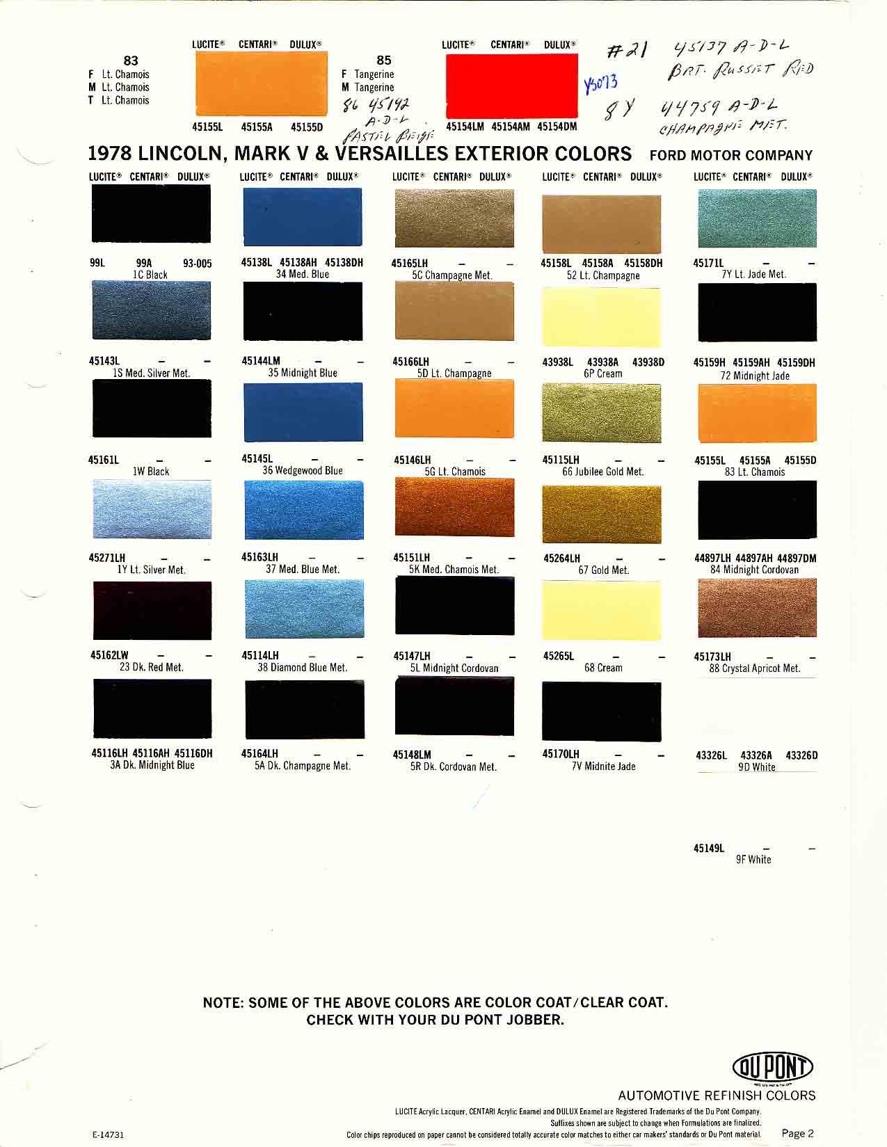 1978 Ford Paint Codes & Color Chart Ford Motor Vehicle Color Code Chart/Page Paint