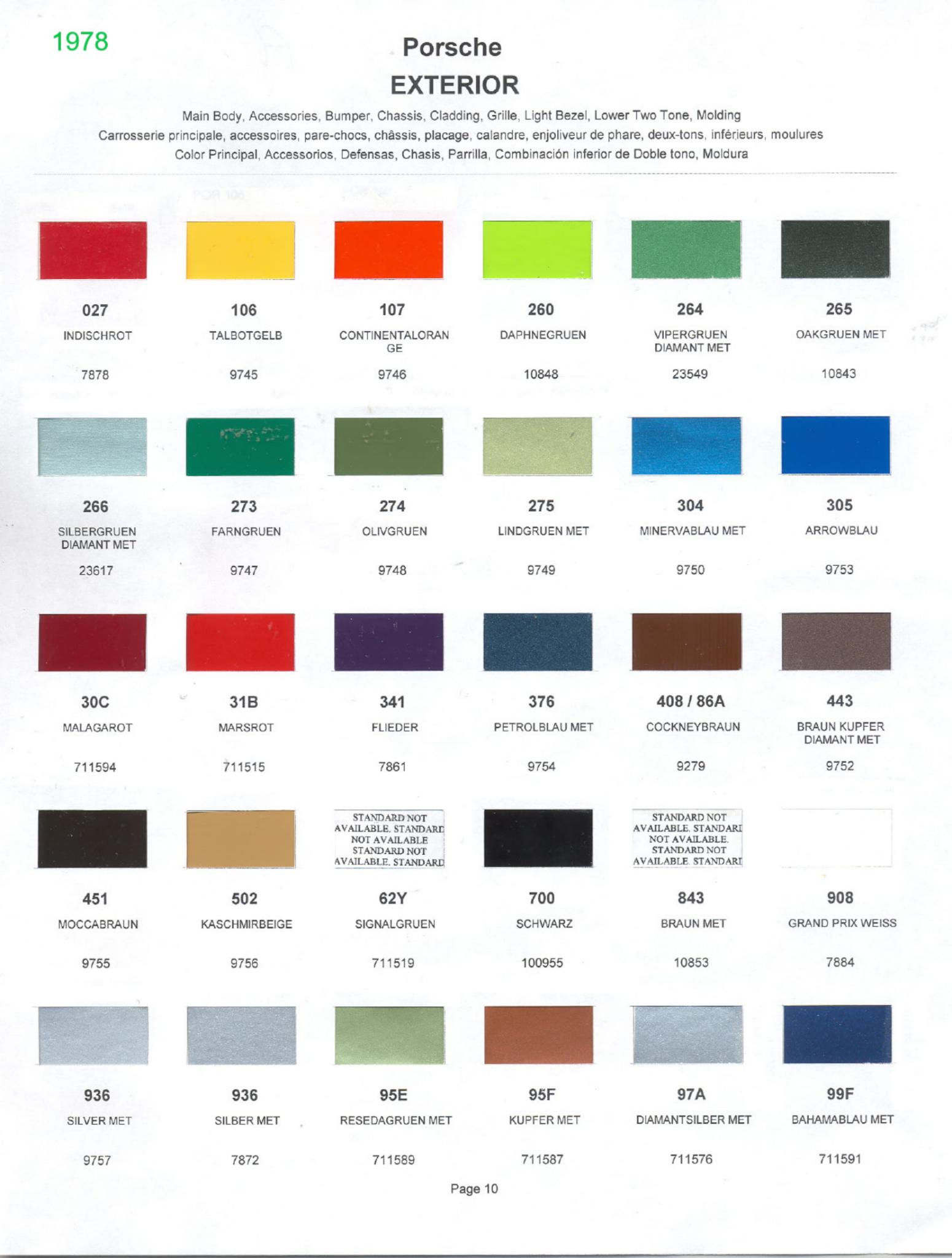 1978 Porsche Paint Chart and Color Chart Exterior Colors and Paint Codes for Porsche Vehicles