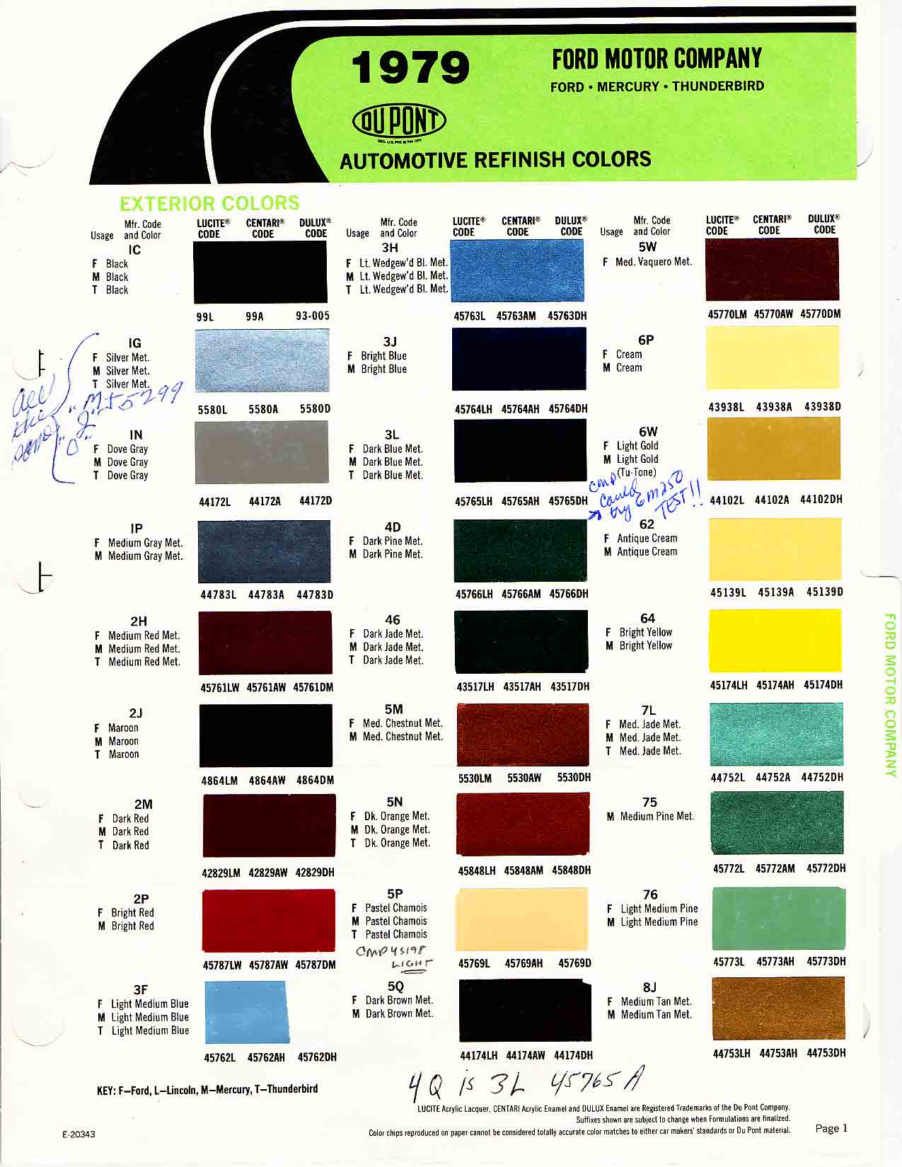 1979 Ford Paint Codes & Color Chart Ford Motor Vehicle Color Code Chart/Page Paint