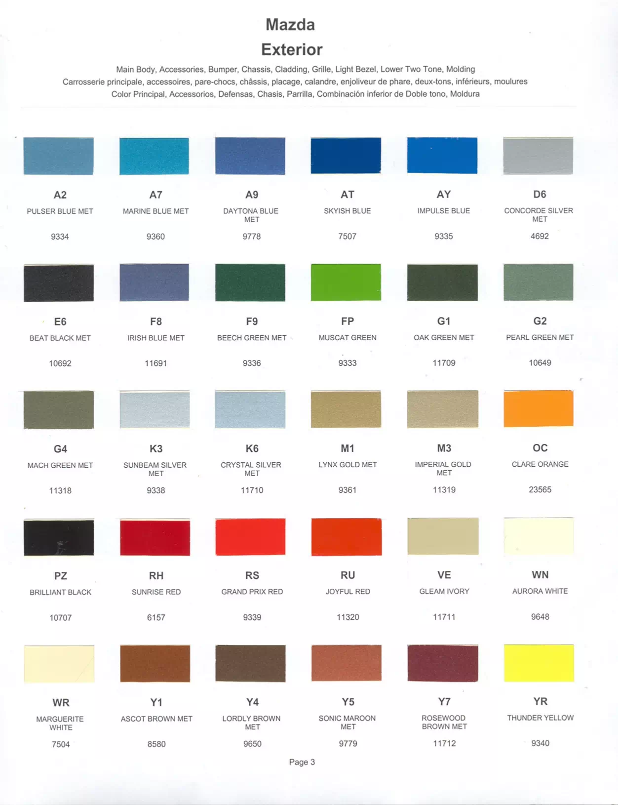 1979 Mazda Paint Codes & Color Chart Page 1