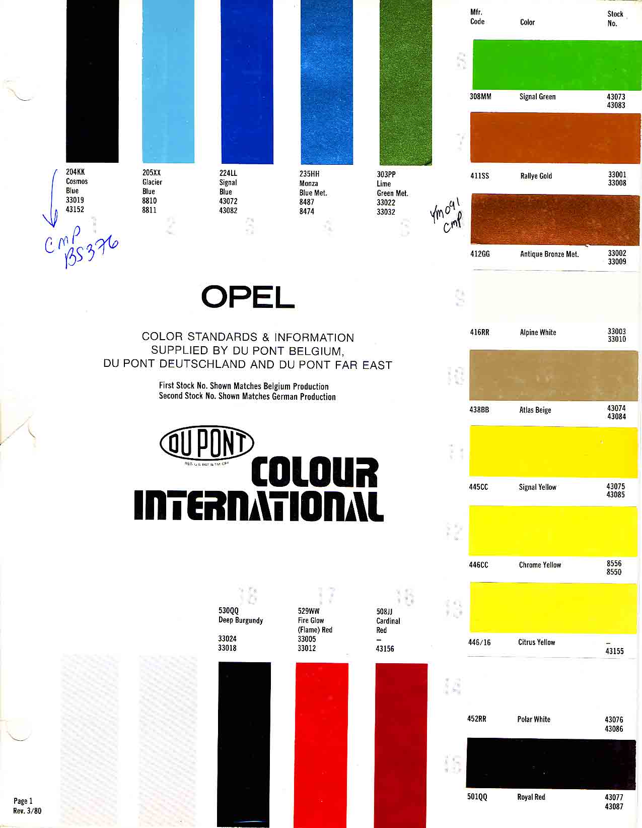 Opal Color Chart 1980 Opel Exterior Color Code and Paint Chart Colours
