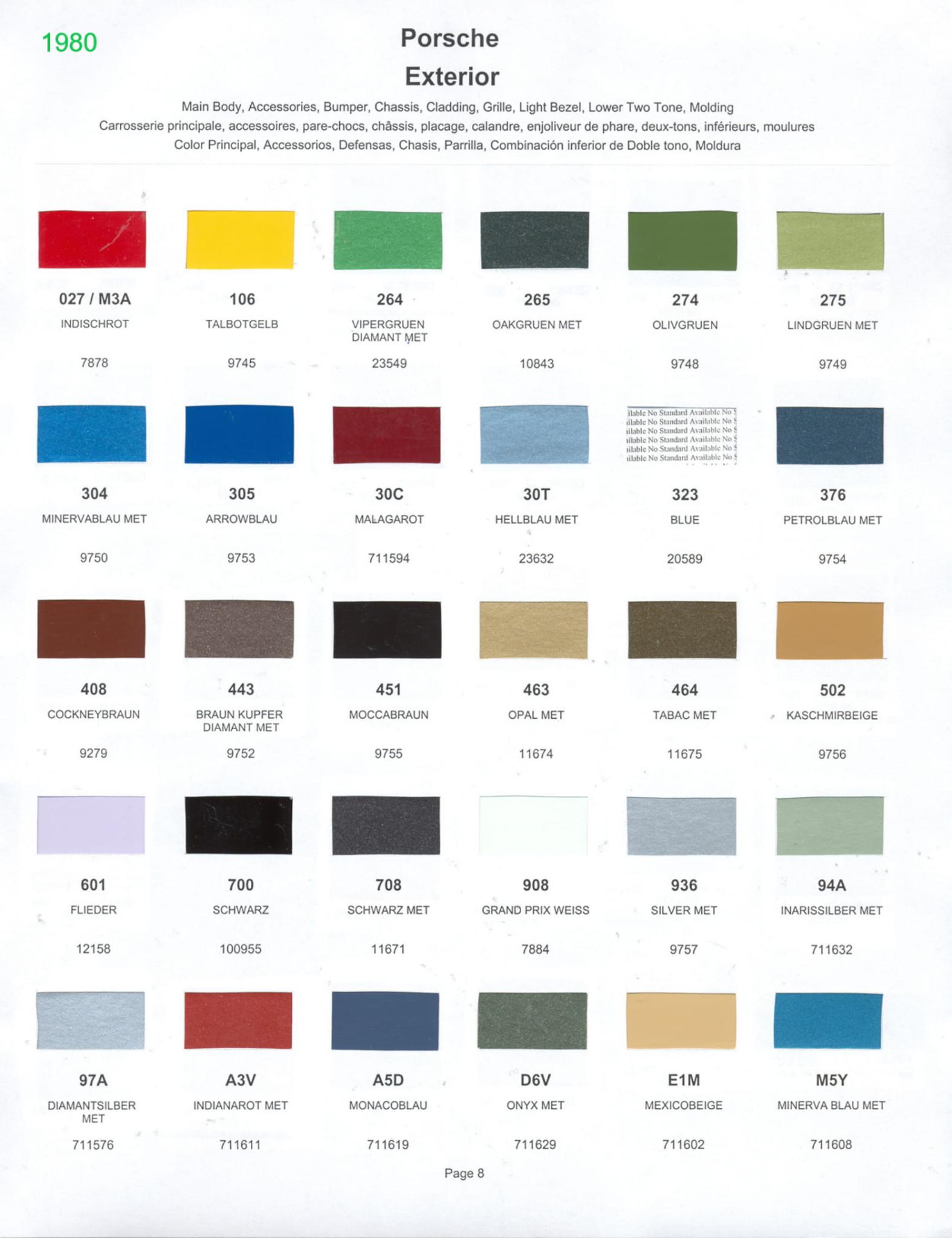 1980 Porsche Paint Chart and Color Chart Exterior Colors and Paint Codes for Porsche Vehicles