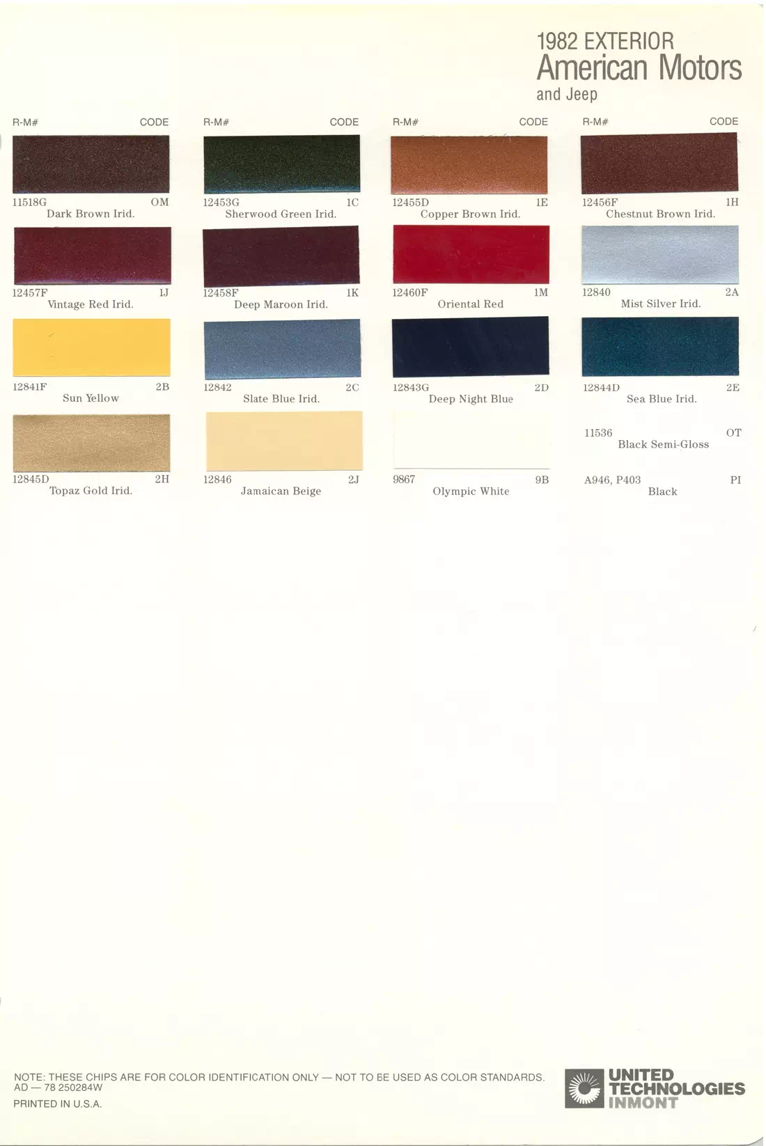1982 AMC & JEEP Paint Codes & Color Chart Paint color examples, their ordering codes, the oem color code, and vehicles the color was used on