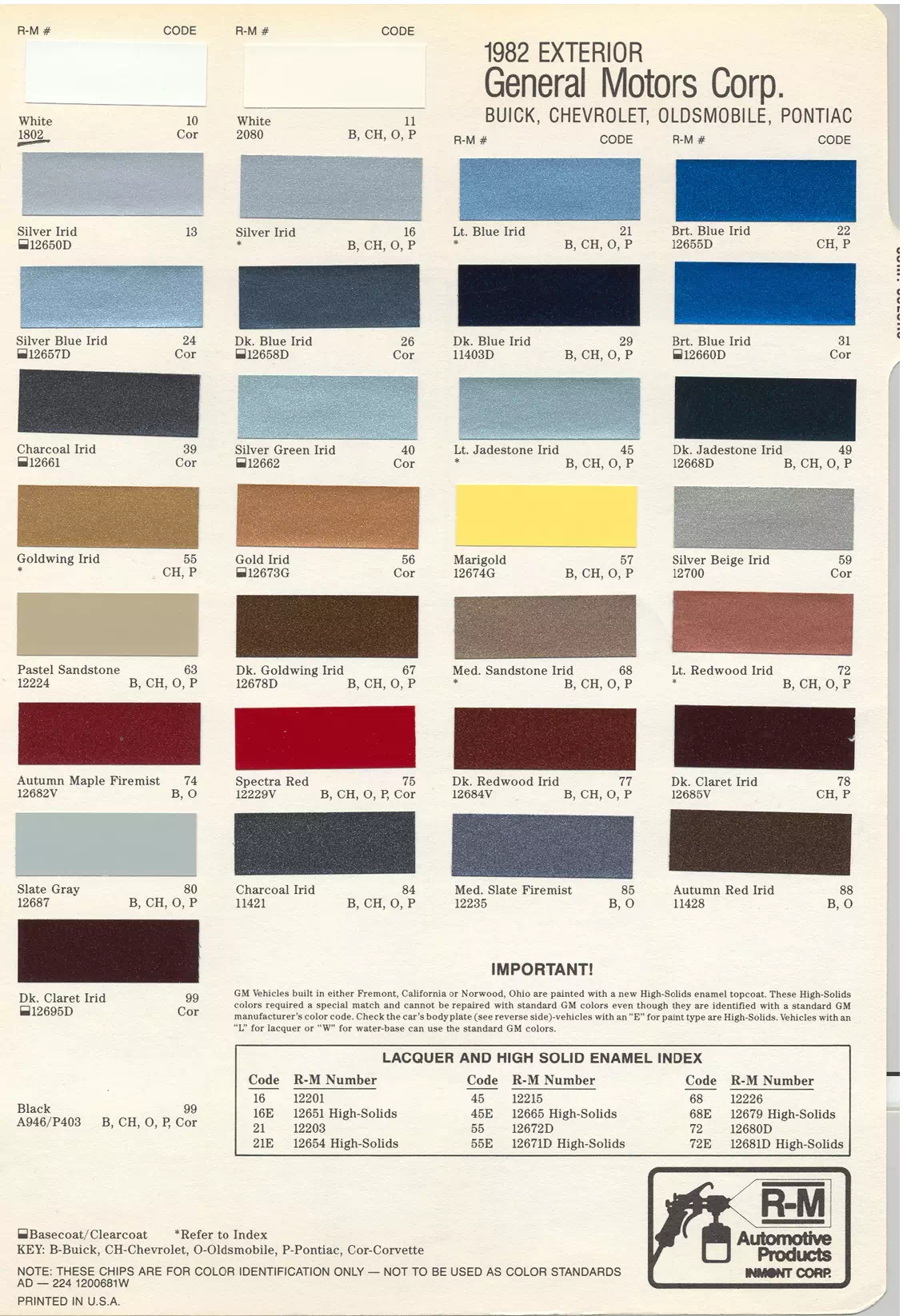 1982 General Motors Paint Codes & Color Chart Paint color examples, their ordering codes, the oem color code, and vehicles the color was used on