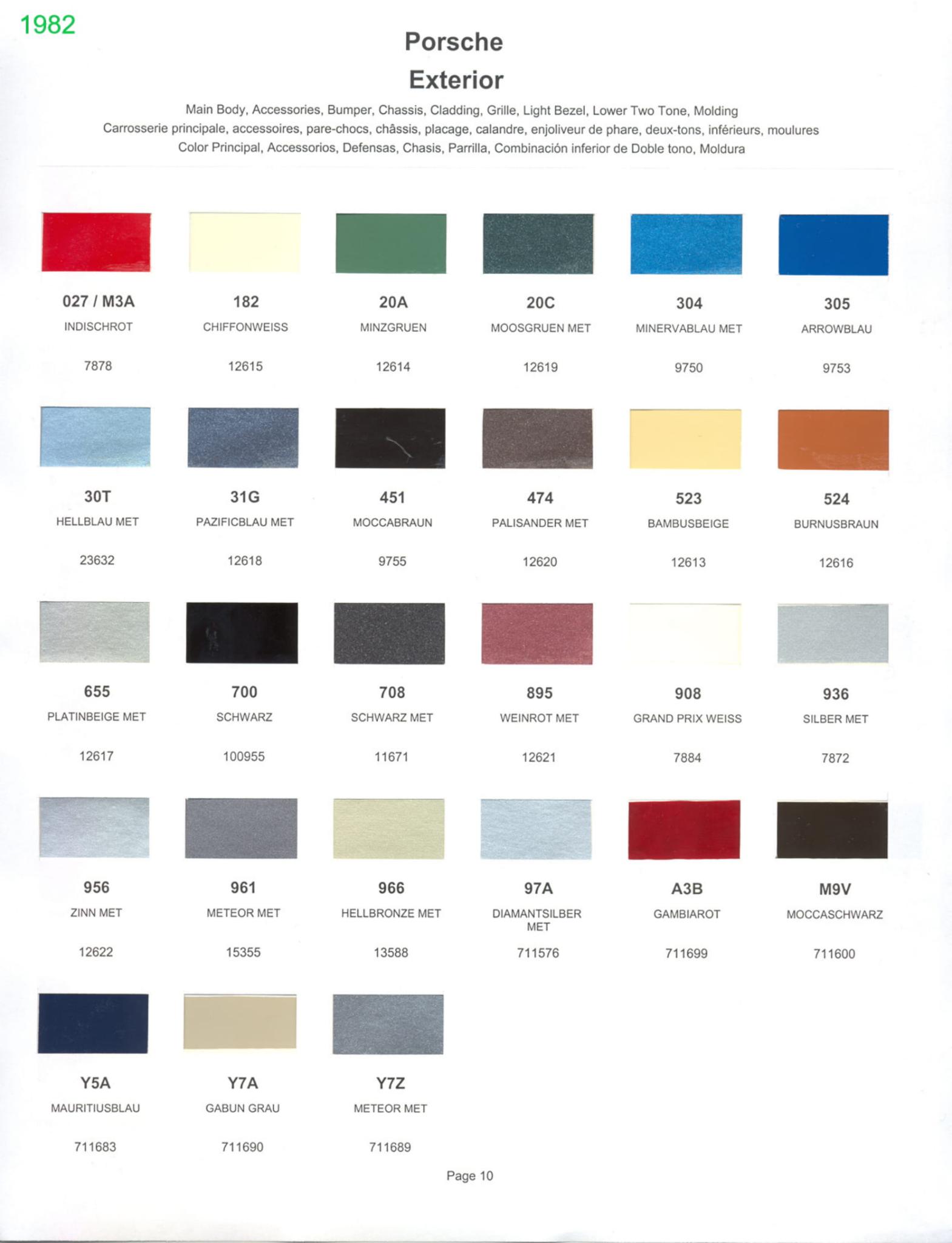 1982 Porsche Paint Chart and Color Chart Exterior Colors and Paint Codes for Porsche Vehicles