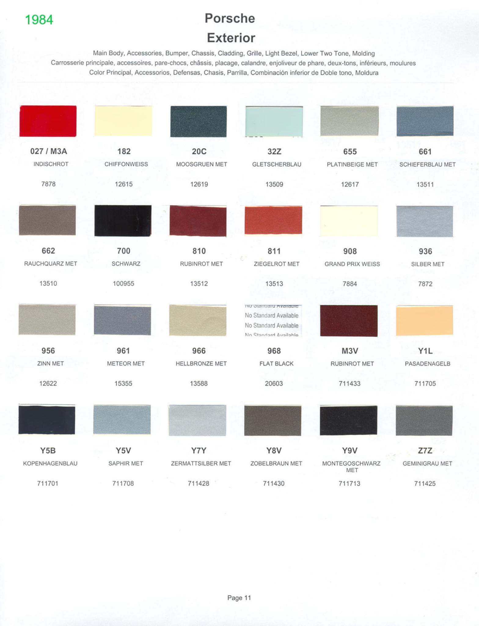 1984 Porsche Paint Chart and Color Chart Exterior Colors and Paint Codes for Porsche Vehicles