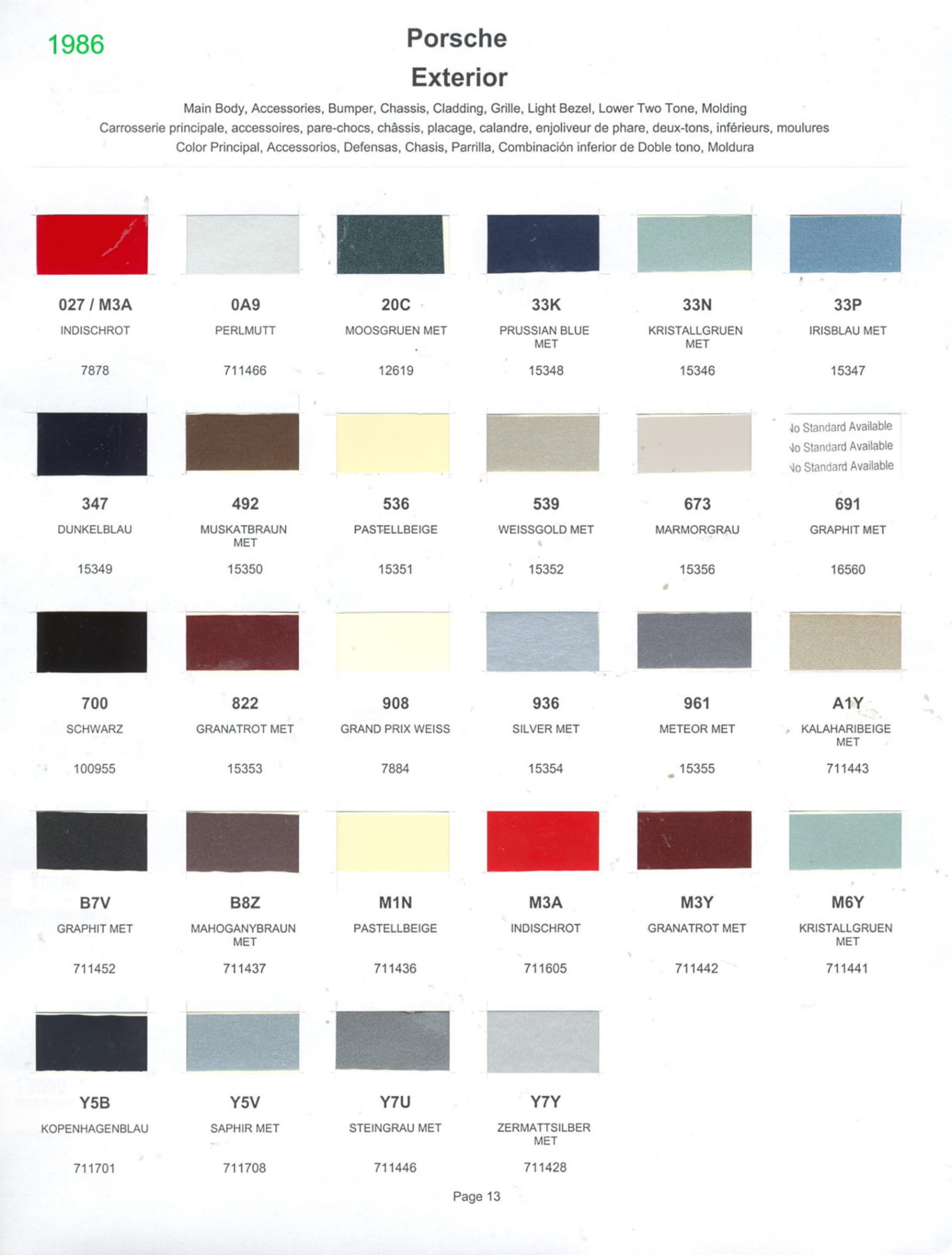 1986 Porsche Paint Chart and Color Chart Exterior Colors and Paint Codes for Porsche Vehicles