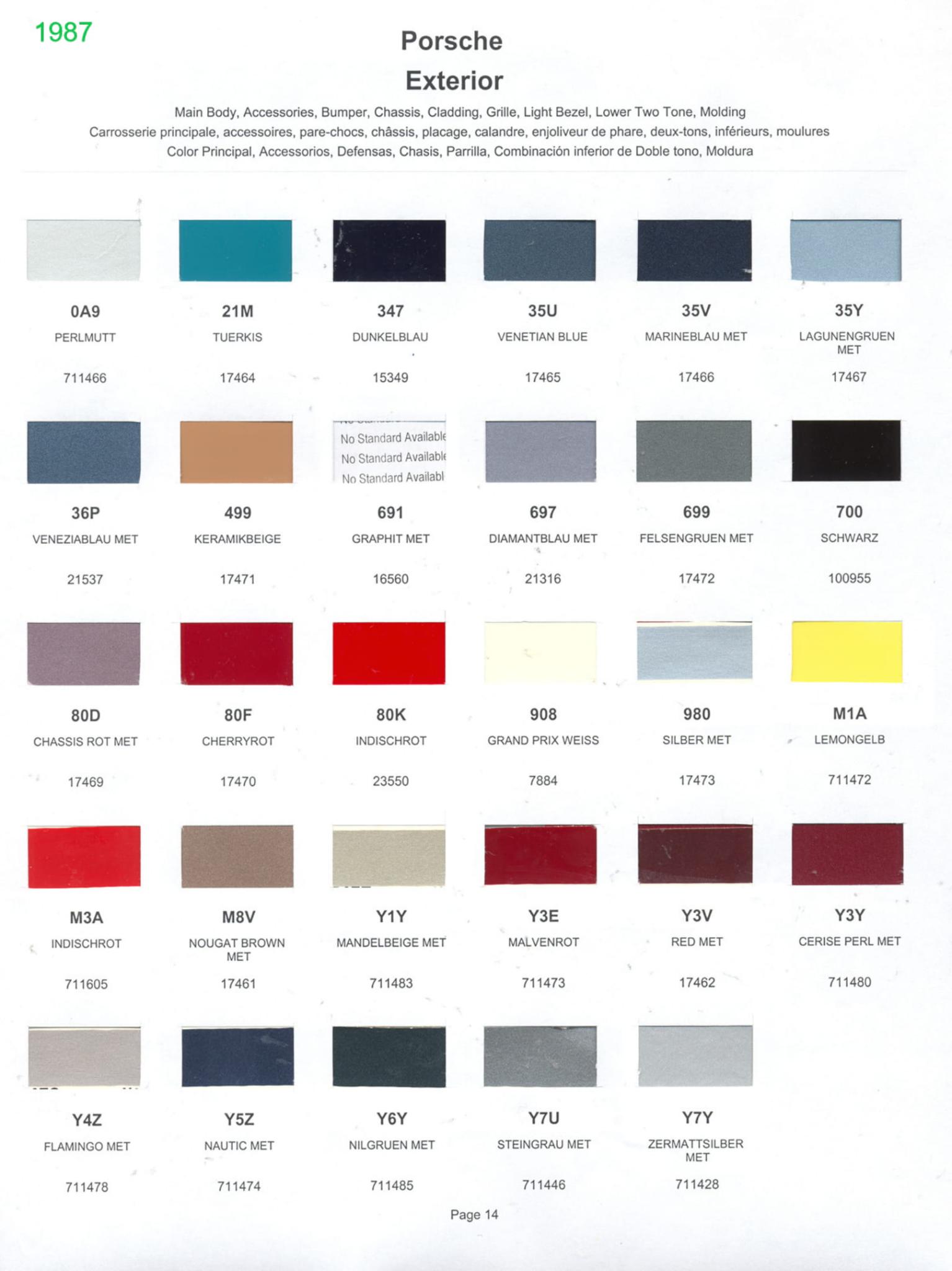 1987 Porsche Paint Chart and Color Chart Exterior Colors and Paint Codes for Porsche Vehicles