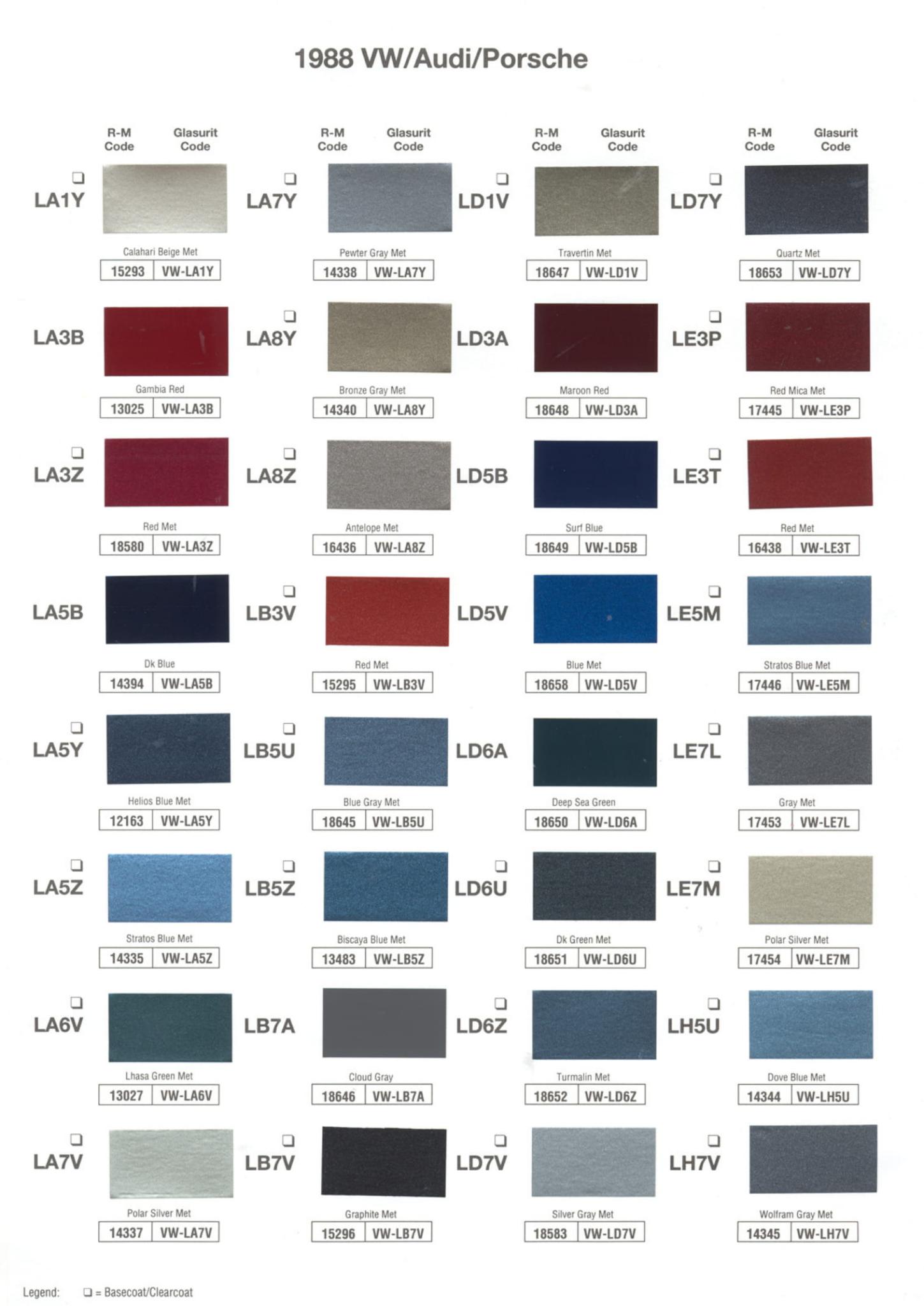 1988 Porsche Paint Chart and Color Chart Exterior Colors and Paint Codes for Porsche Vehicles