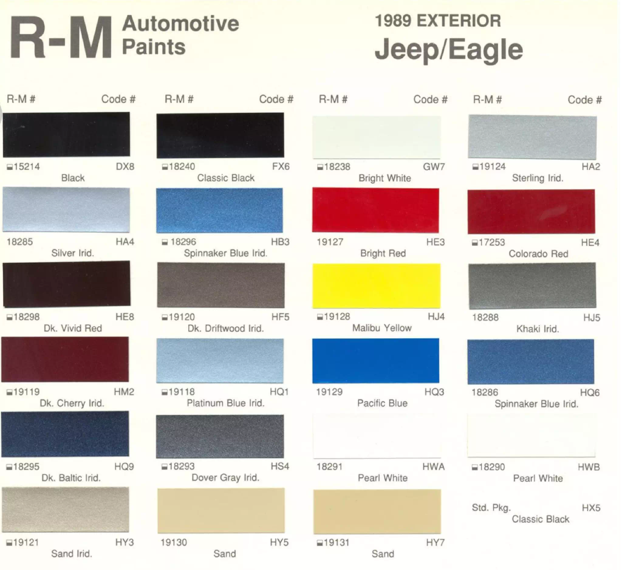 1989 Jeep and Eagle Paint Chart Paint Colors and Paint Codes Used on AMC Vehicles