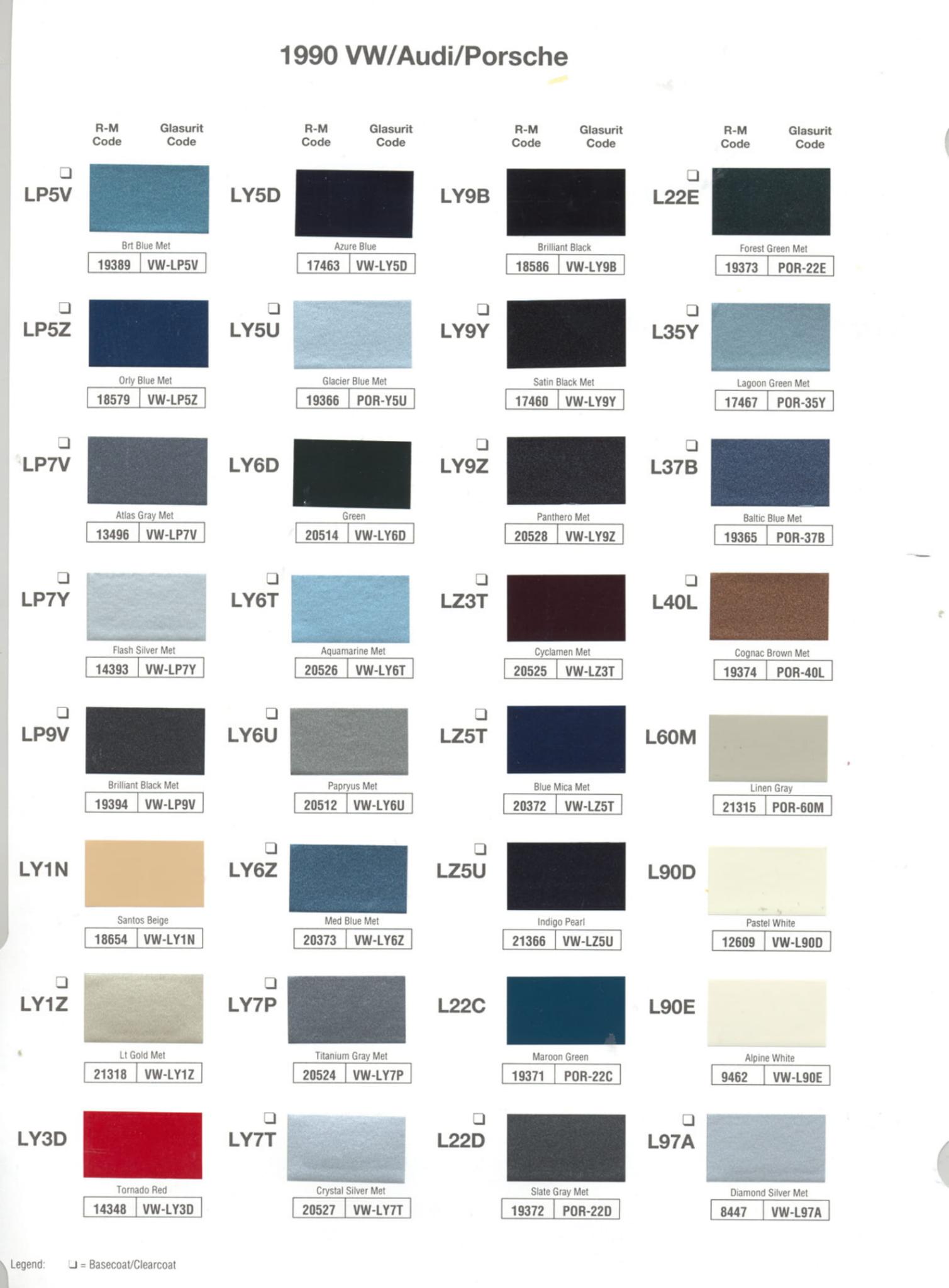 1990 Porsche Paint Chart and Color Chart Exterior Colors and Paint Codes for Porsche Vehicles