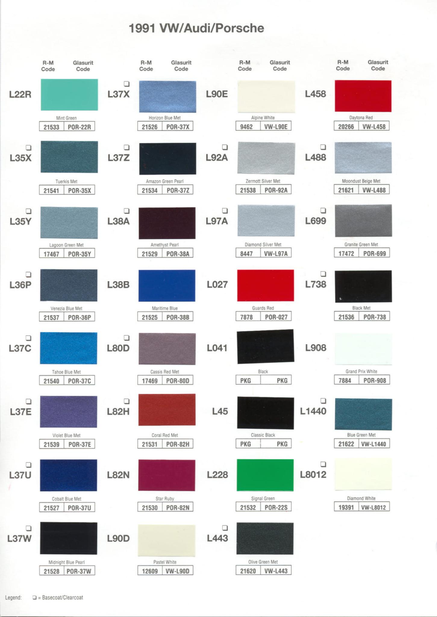 1991 Porsche Paint Chart and Color Chart Exterior Colors and Paint Codes for Porsche Vehicles