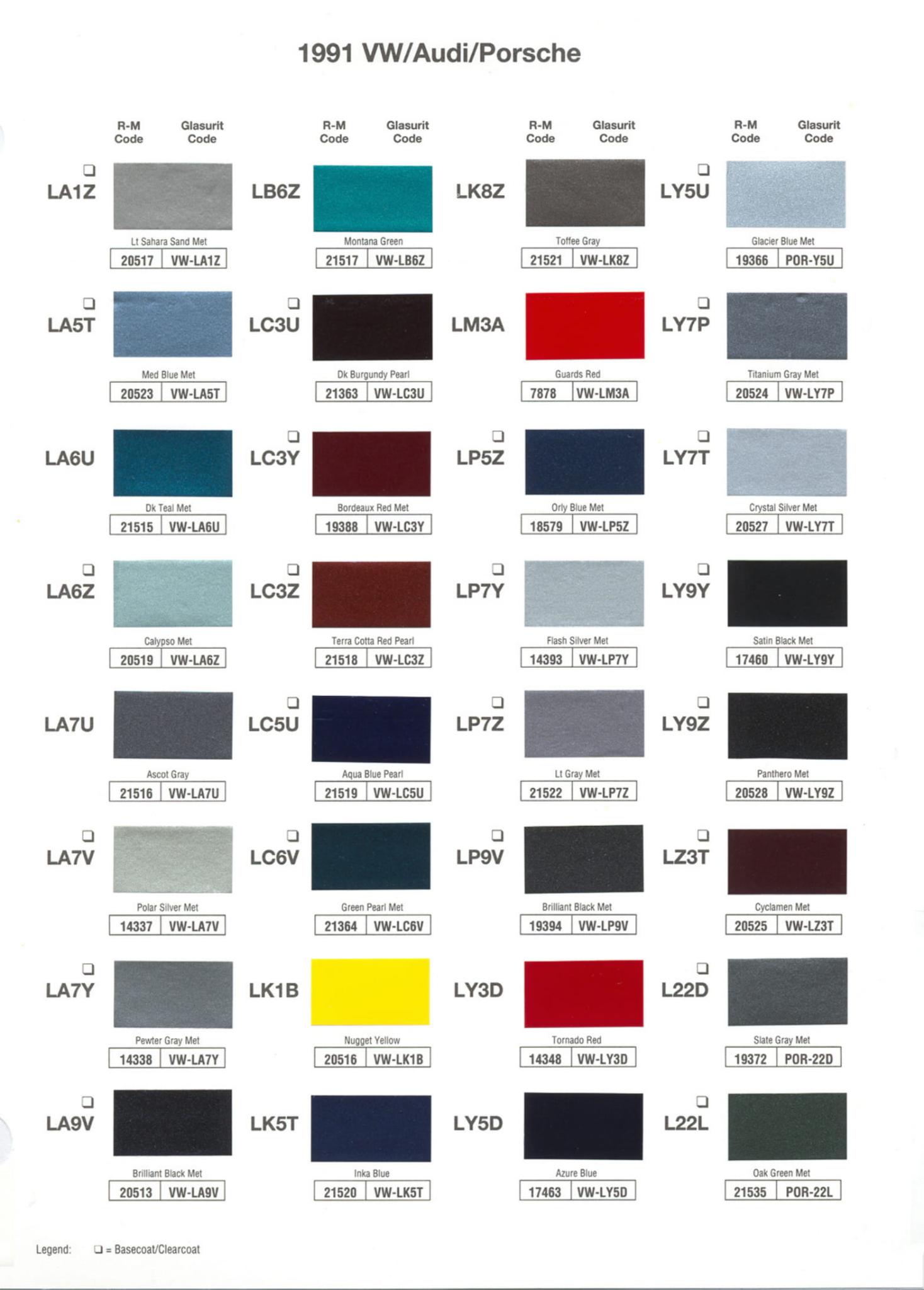 1991 Porsche Paint Chart and Color Chart Exterior Colors and Paint Codes for Porsche Vehicles