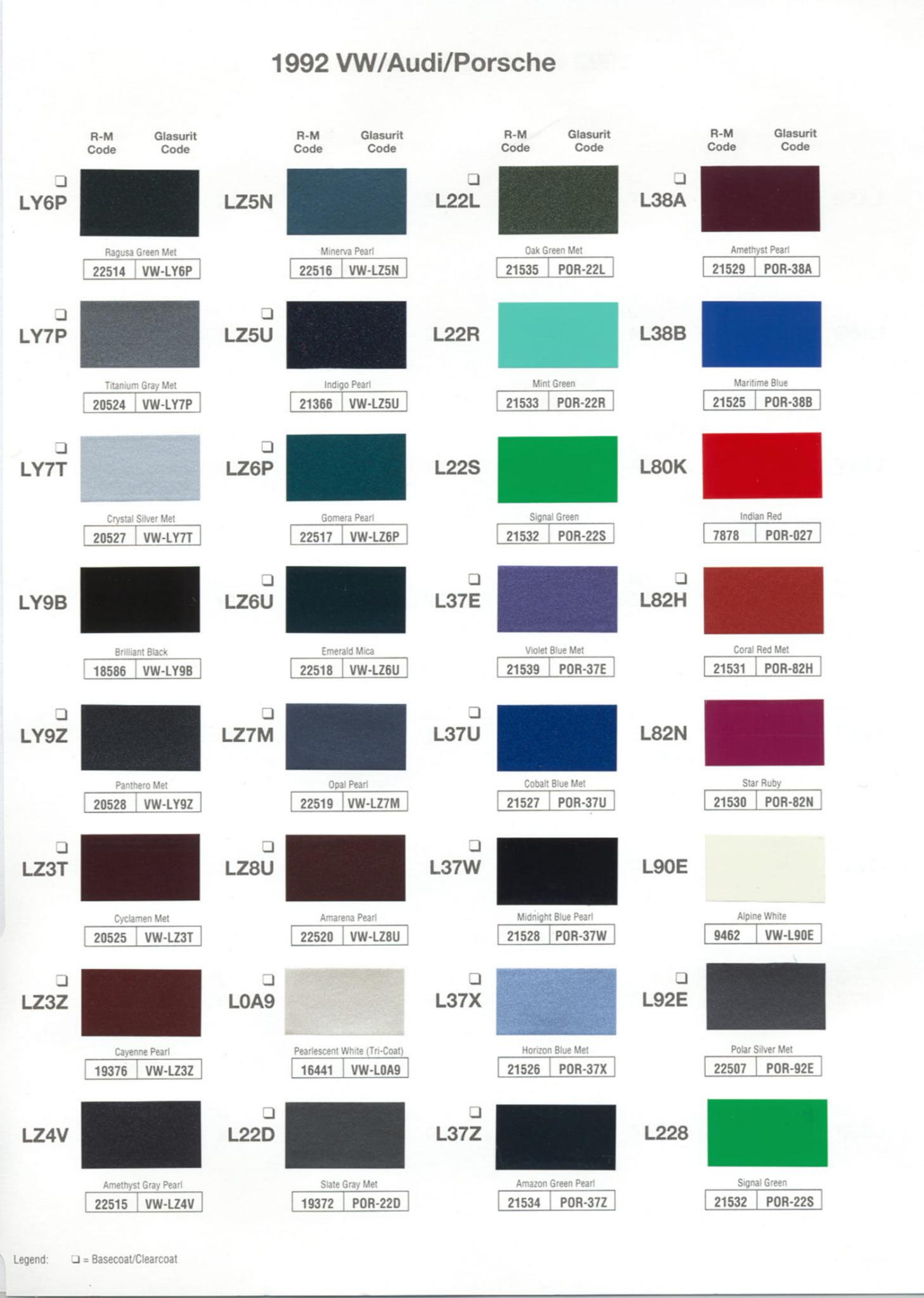 1992 Porsche Paint Chart and Color Chart Exterior Colors and Paint Codes for Porsche Vehicles