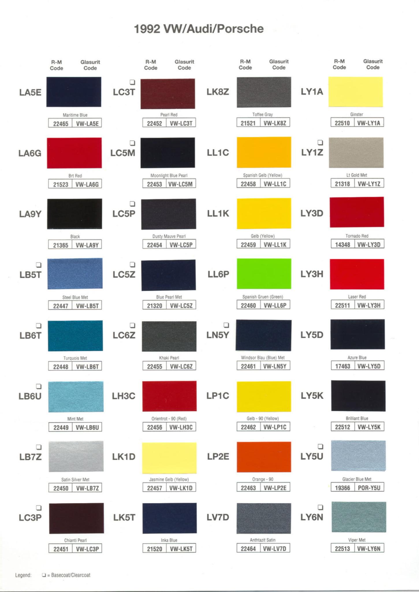 1992 Porsche Paint Chart and Color Chart Exterior Colors and Paint Codes for Porsche Vehicles