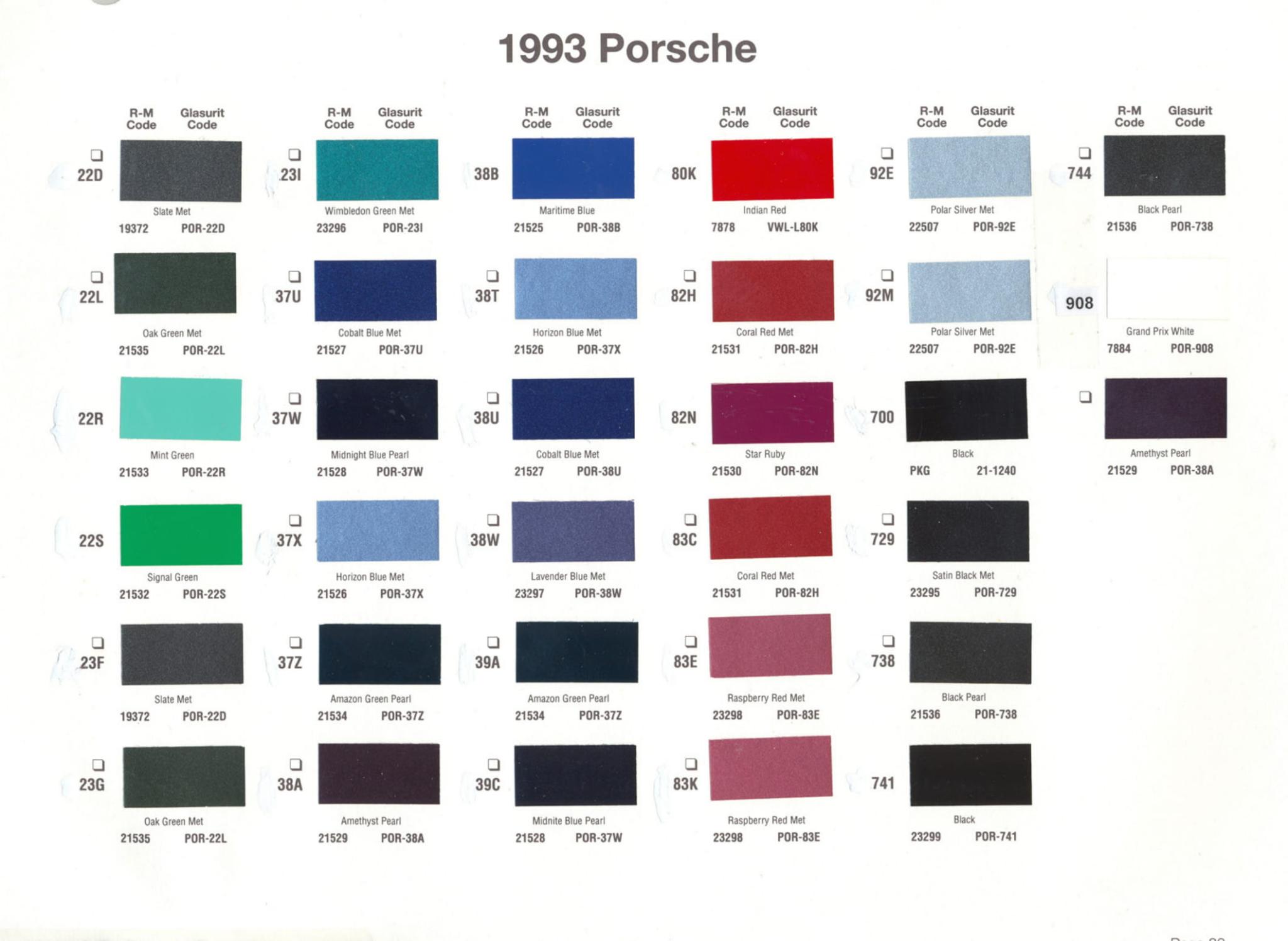 1993 Porsche Paint Chart and Color Chart Exterior Colors and Paint Codes for Porsche Vehicles