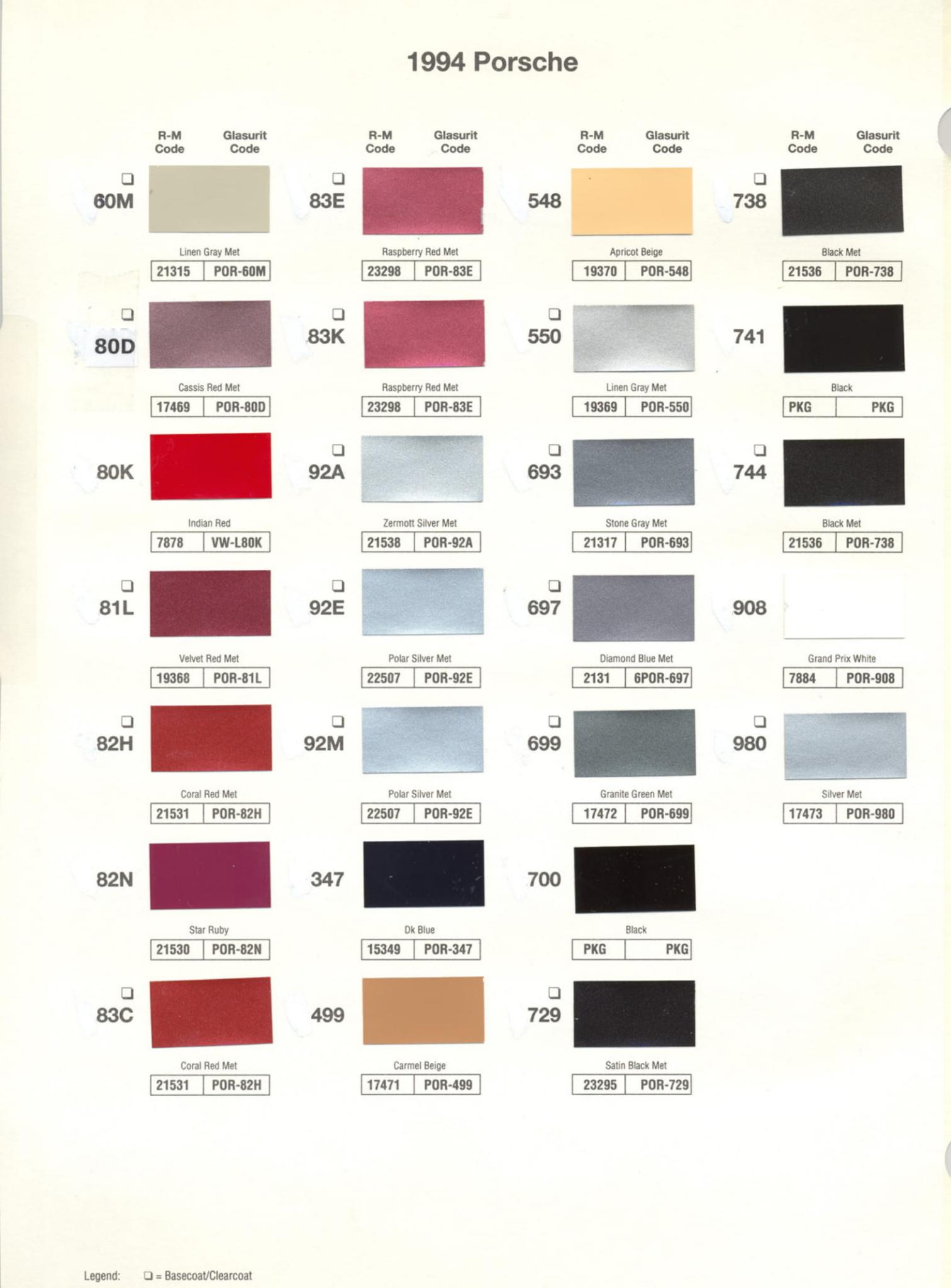 1994 Porsche Paint Chart and Color Chart Exterior Colors and Paint Codes for Porsche Vehicles
