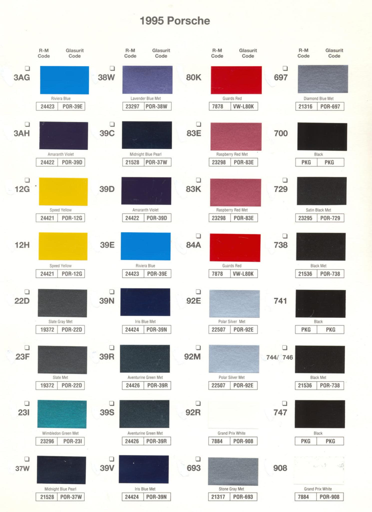 1995 Porsche Paint Chart and Color Chart Exterior Colors and Paint Codes for Porsche Vehicles