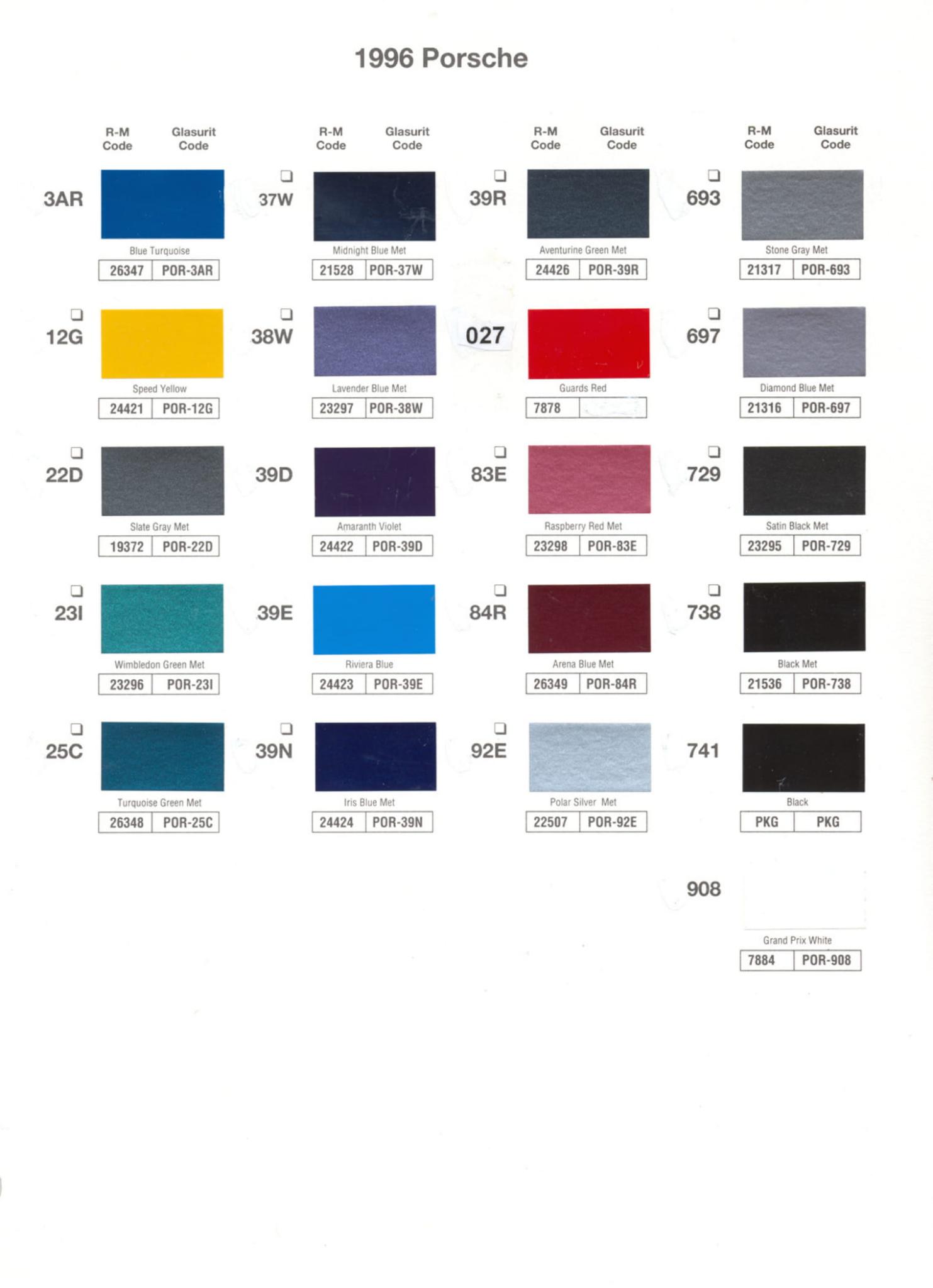 1996 Porsche Paint Chart and Color Chart Exterior Colors and Paint Codes for Porsche Vehicles