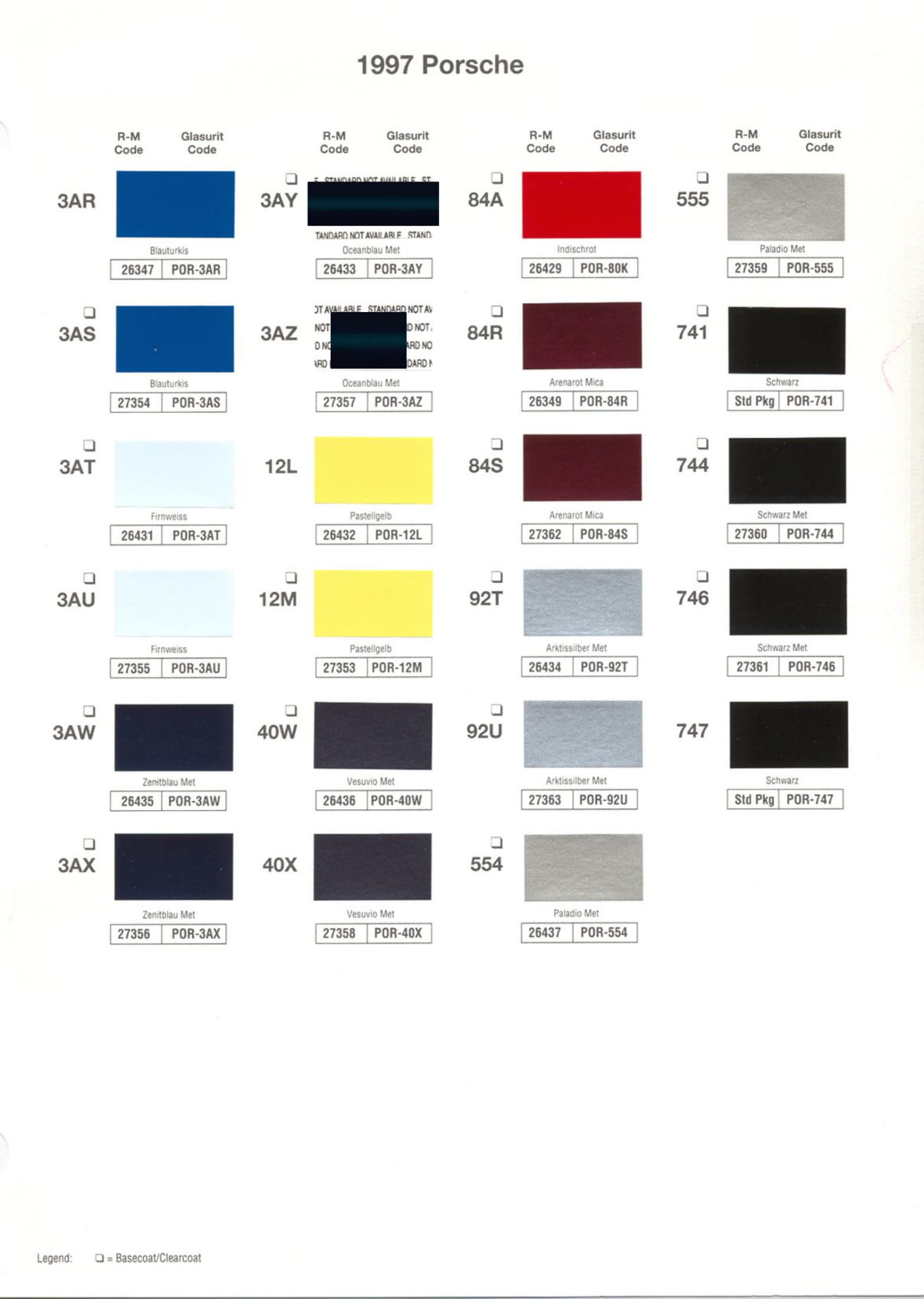 1997 Porsche Paint Chart and Color Chart Exterior Colors and Paint Codes for Porsche Vehicles