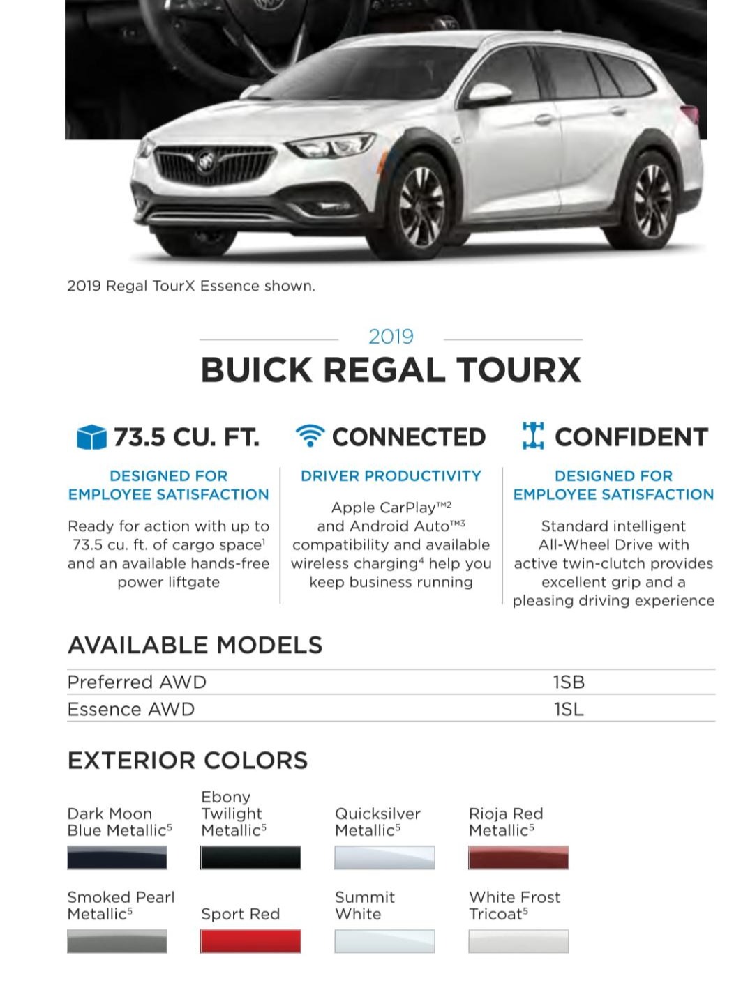 2019 Buick Regal Tourx Paint Chart A photo showing the 8 different colors the 2019 Buick Regal Tourx used.