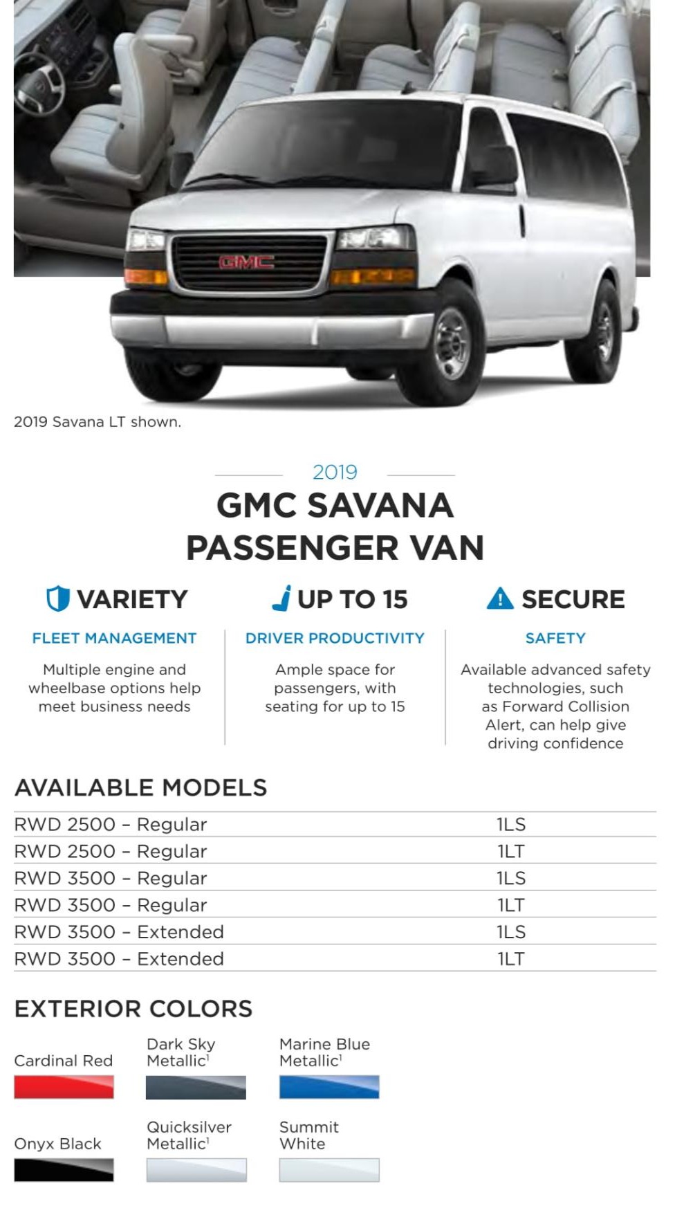 2019 GMC Savana Passenger Van Paint Chart Picture showing models and exterior paint colors