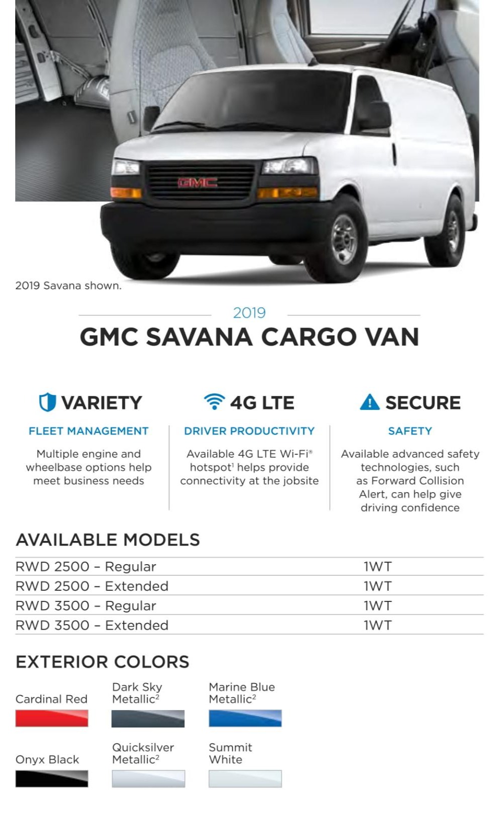 2019 Paint Chart For GMC Savana Cargo Van Picture showing models and exterior paint colors