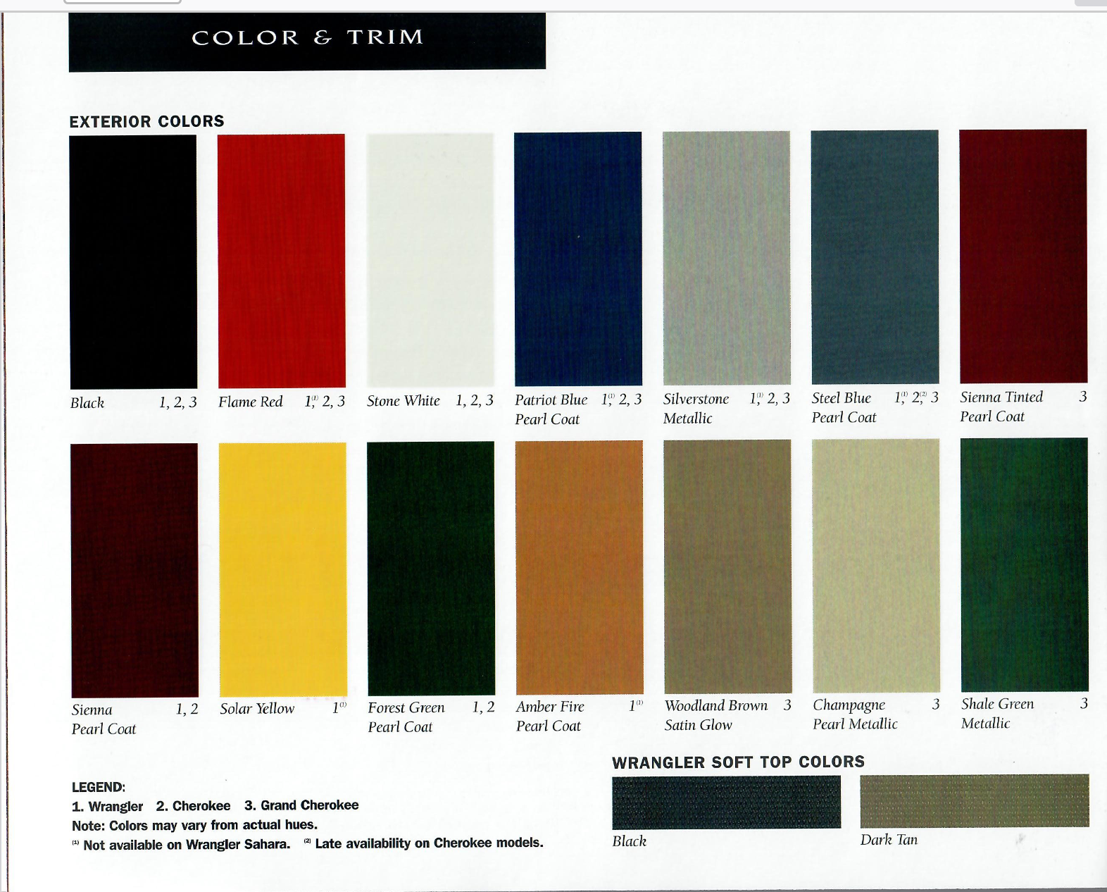 2001 Jeep Full Line Paint Chart