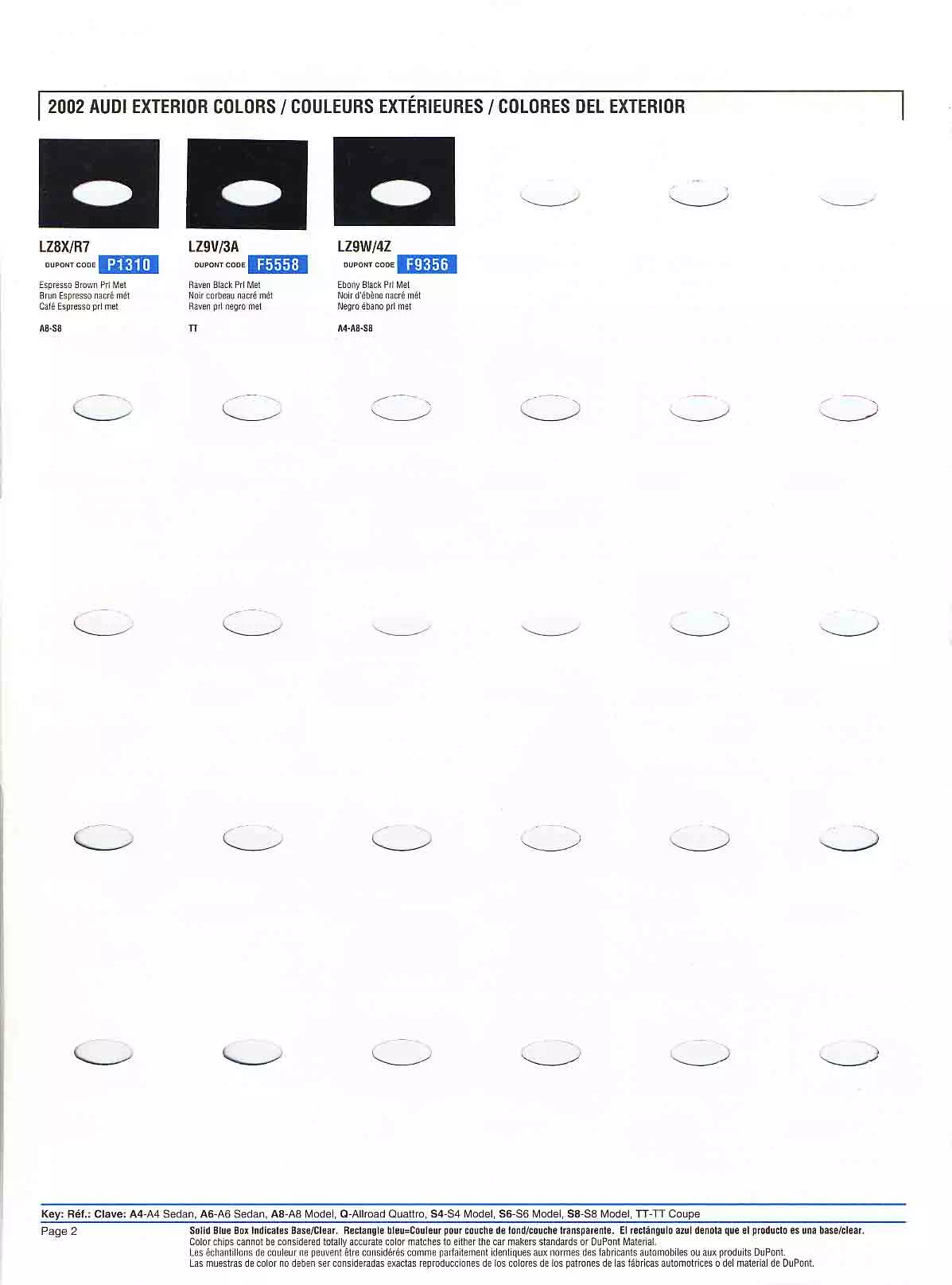 2002 Audi Paint Chart and Color Audi exterior paint codes and their colors used on their vehicles