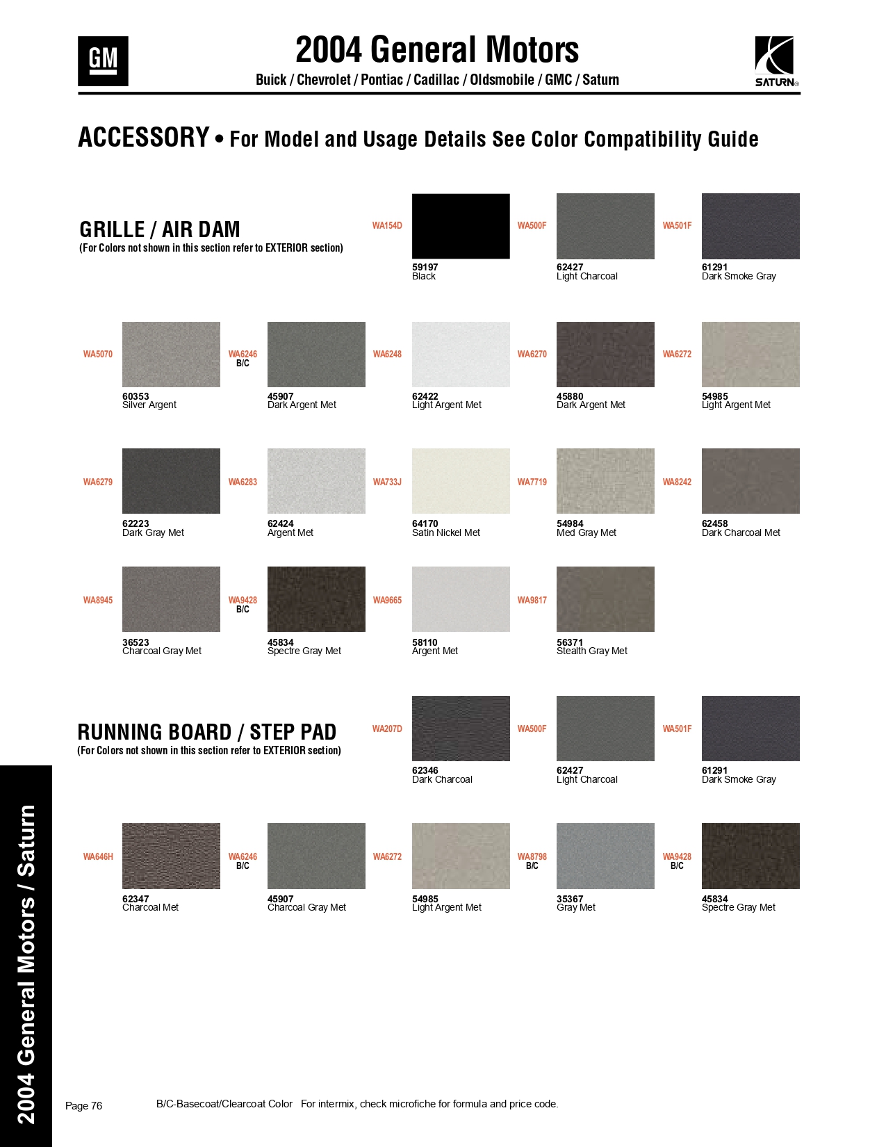 2004 Buick, Cadillac, GMC, Chevrolet, Oldsmobile, and Pontiac exterior colors