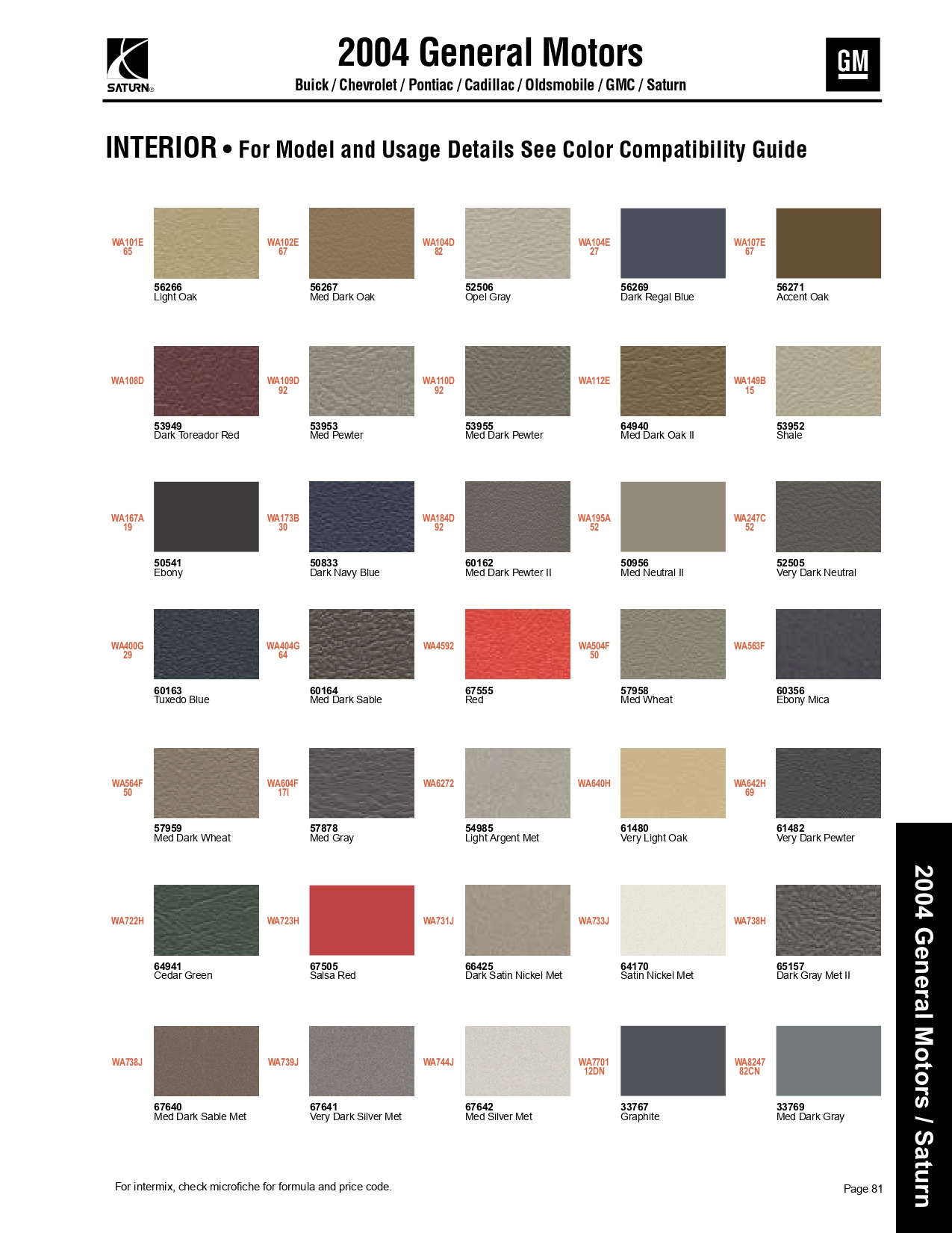 2004 Buick, Cadillac, GMC, Chevrolet, Oldsmobile, and Pontiac exterior colors