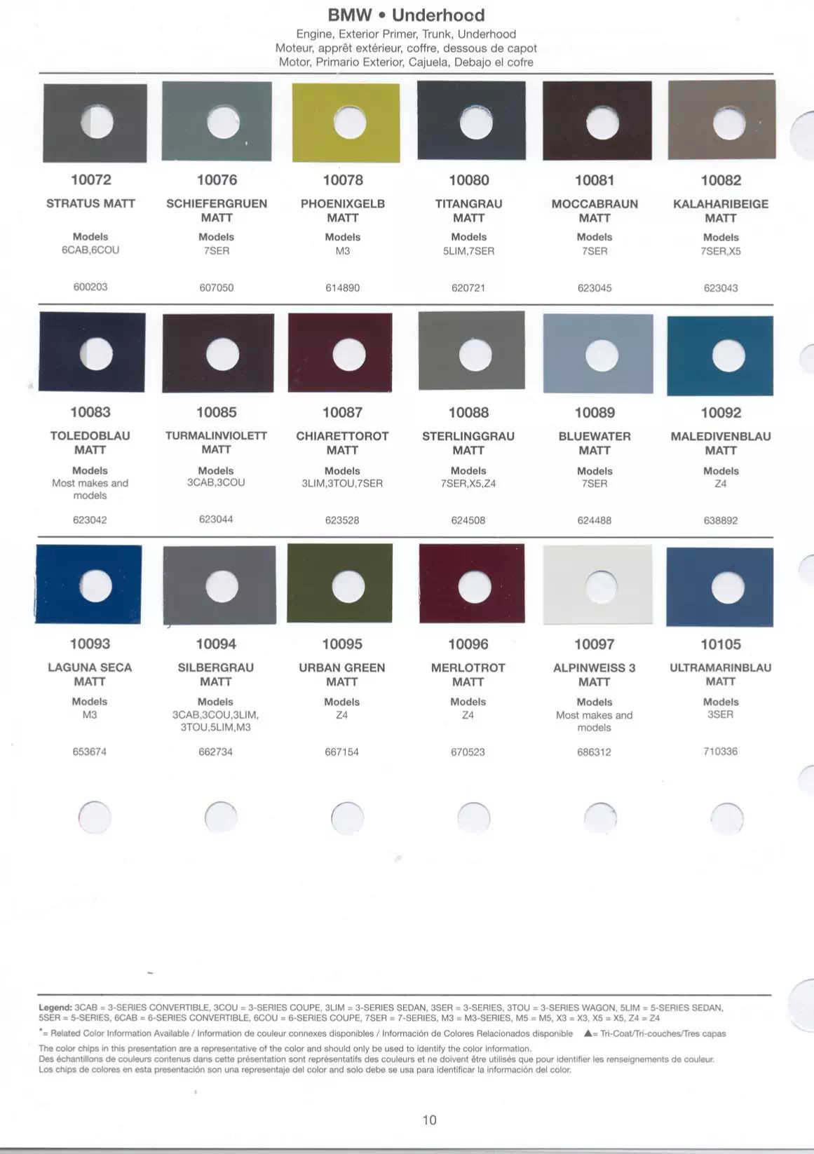 paint charts for main body, underhood and accent colors for 2005 bmw vehicles