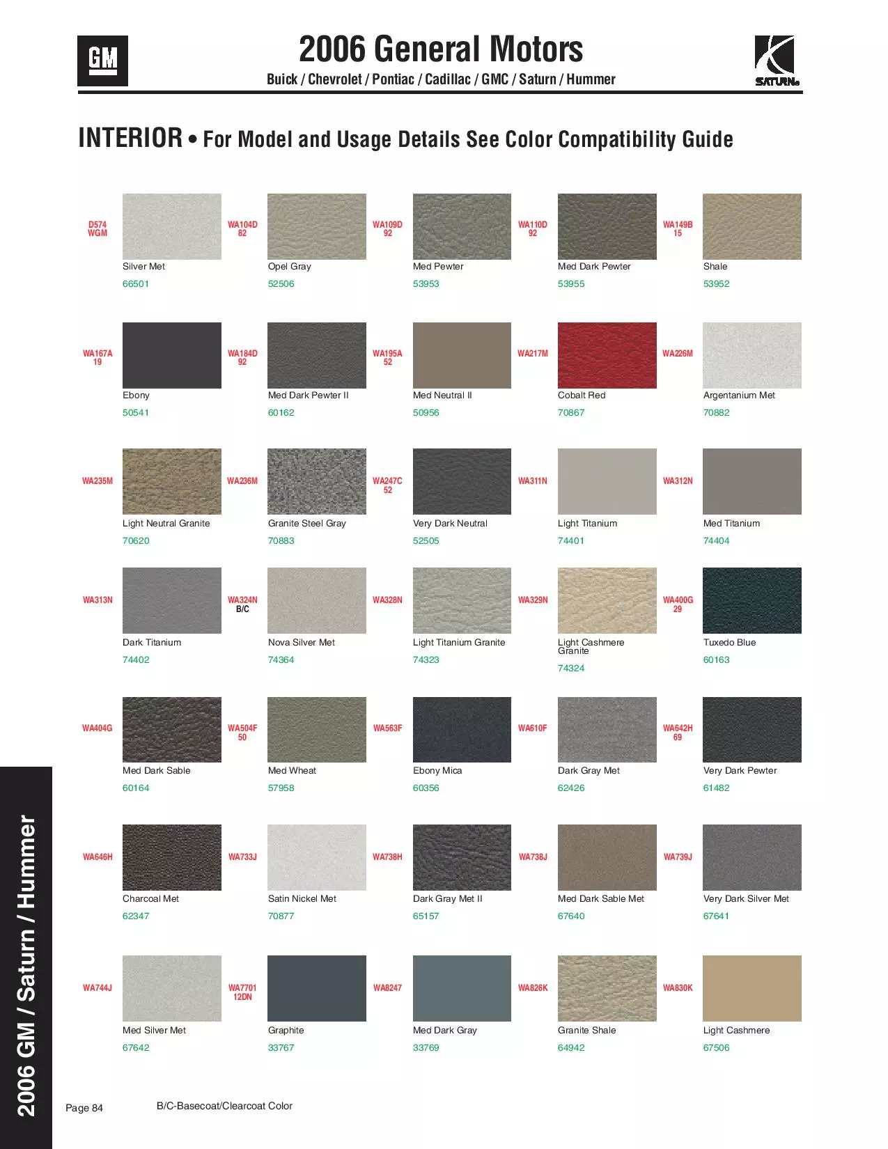 2006 General Motors Paint Codes and Color Chart Paint Codes and colors for Buick, Cadillac, Chevy, GMC, Pontiac, and Saturn