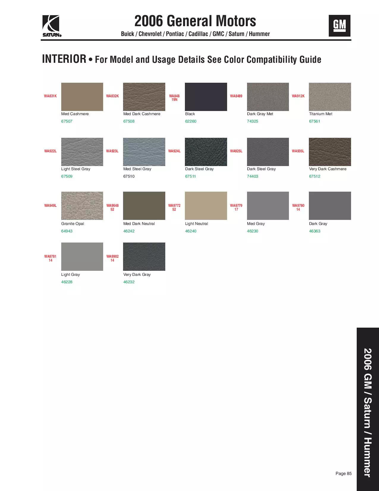 2006 General Motors Paint Codes and Color Chart Paint Codes and colors for Buick, Cadillac, Chevy, GMC, Pontiac, and Saturn
