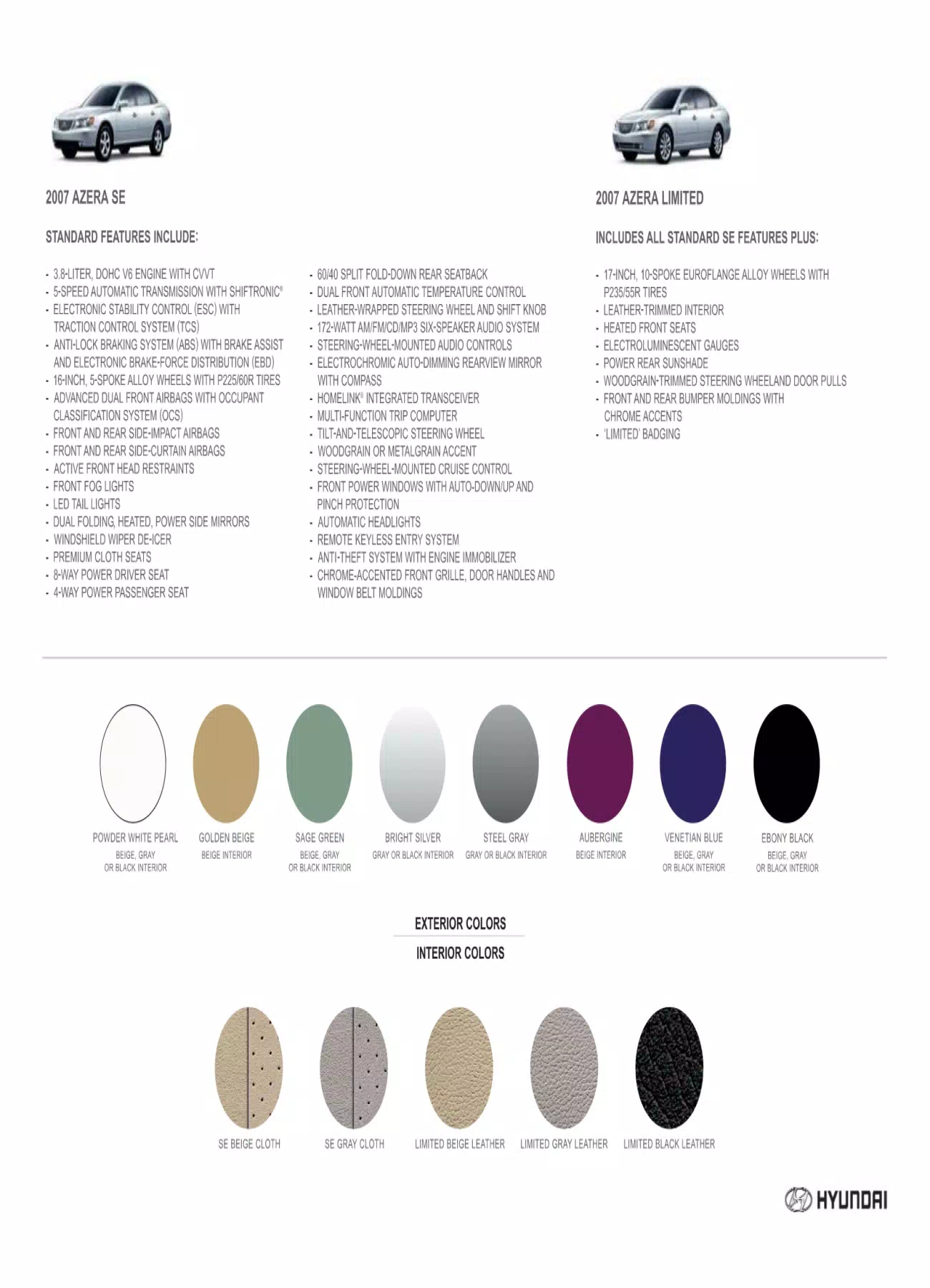 2007 Hyundai Azera Paint Codes and Color Chart