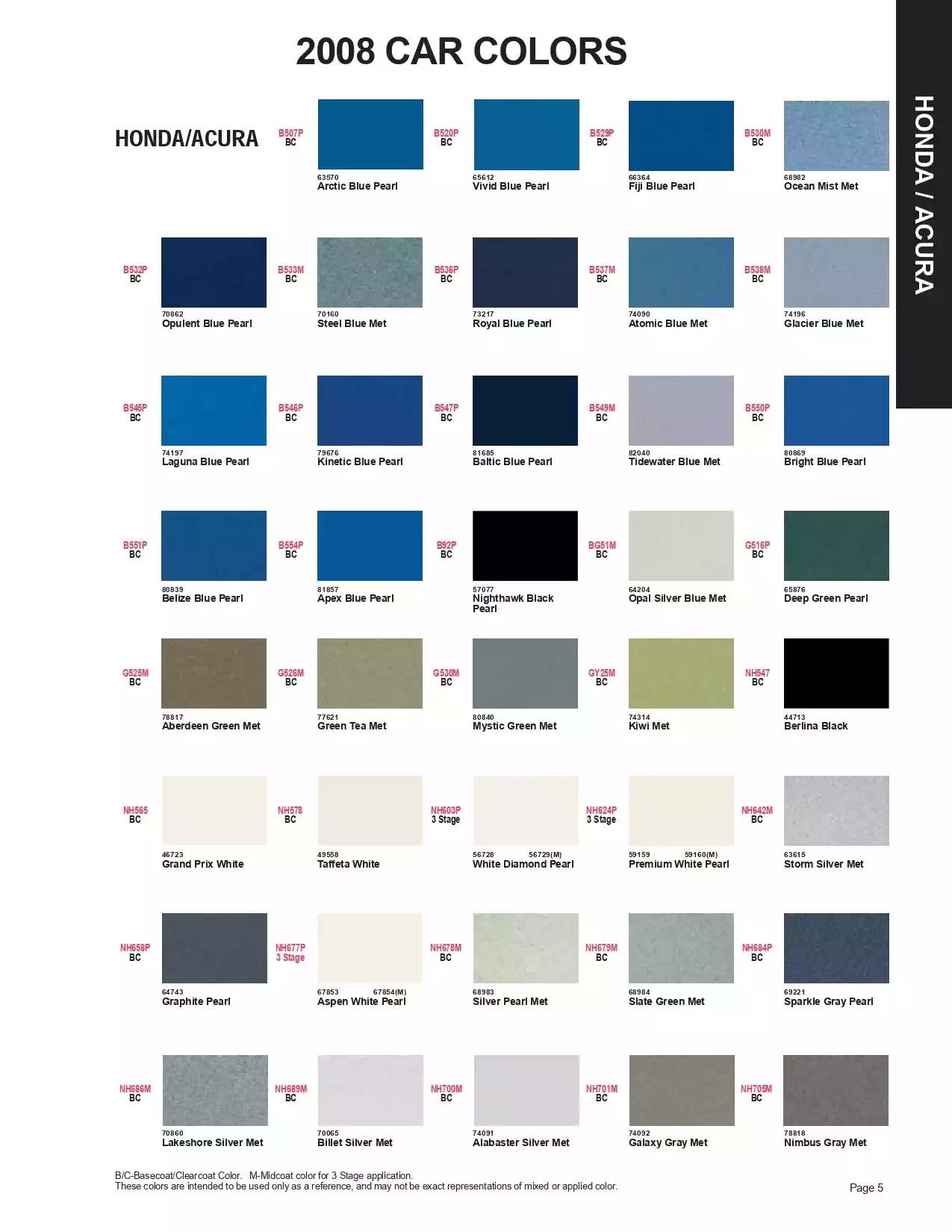 2008 Honda & Acura Paint Codes & Color Chart Paint color examples, their ordering codes, the oem color code, and vehicles the color was used on